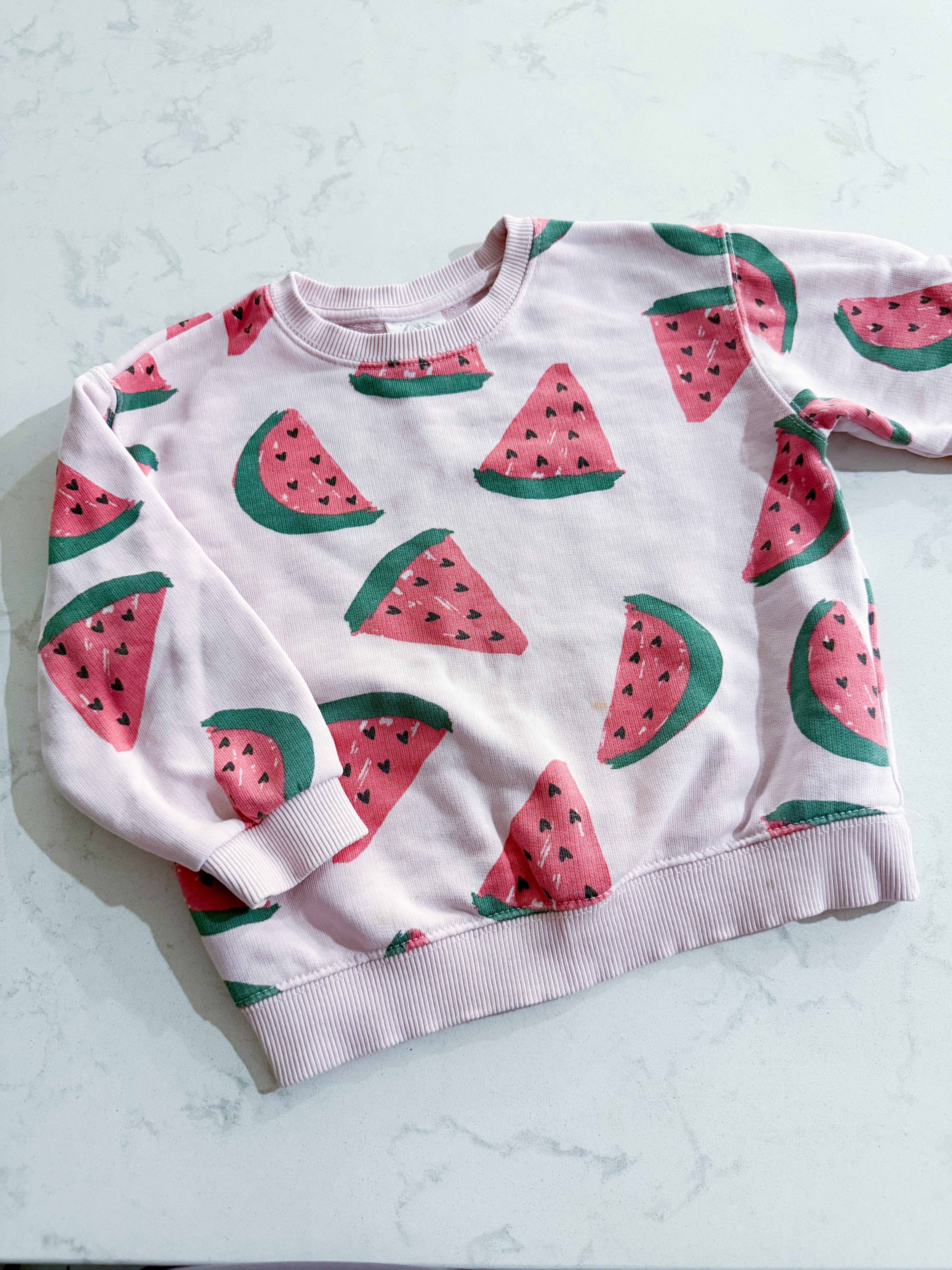 Zara- fits 4T- PLAY- pink crewneck sweater with watermelon graphics