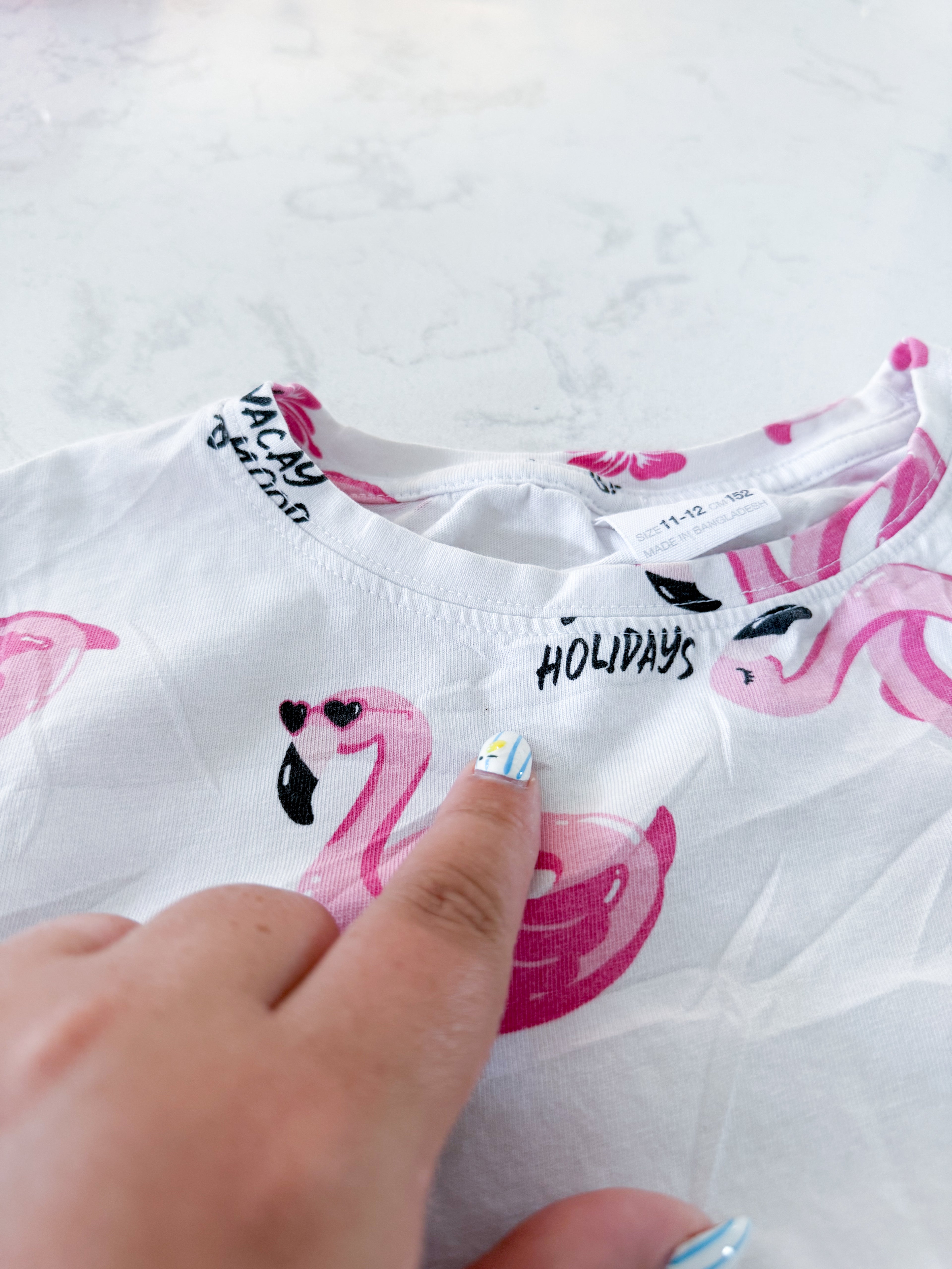 Zara- 11-12Y- PLAY- white short t shirt with pink flamingo patterns