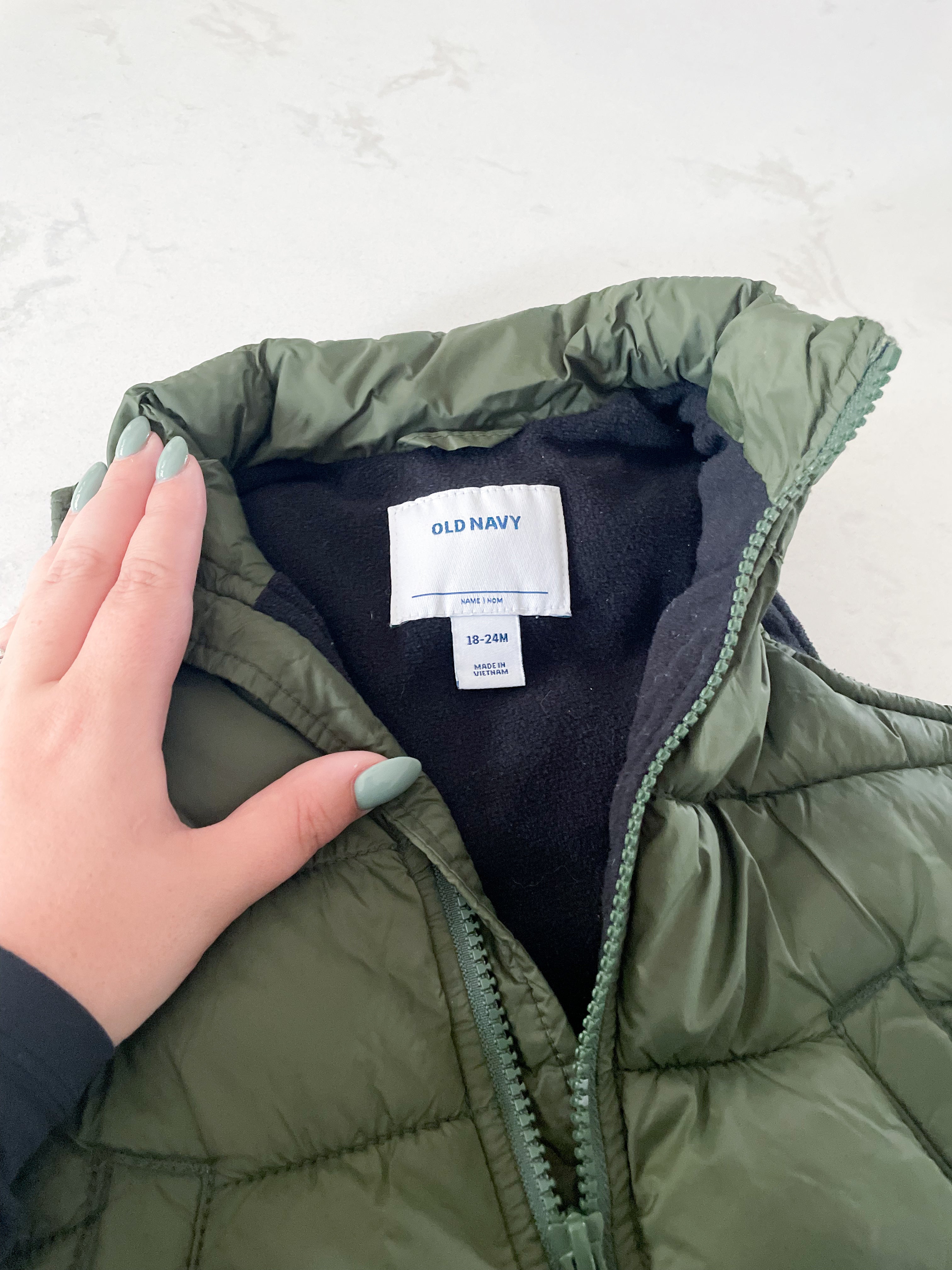 Old Navy-18-24m-VGUC- fleece lined olive green puffer vest