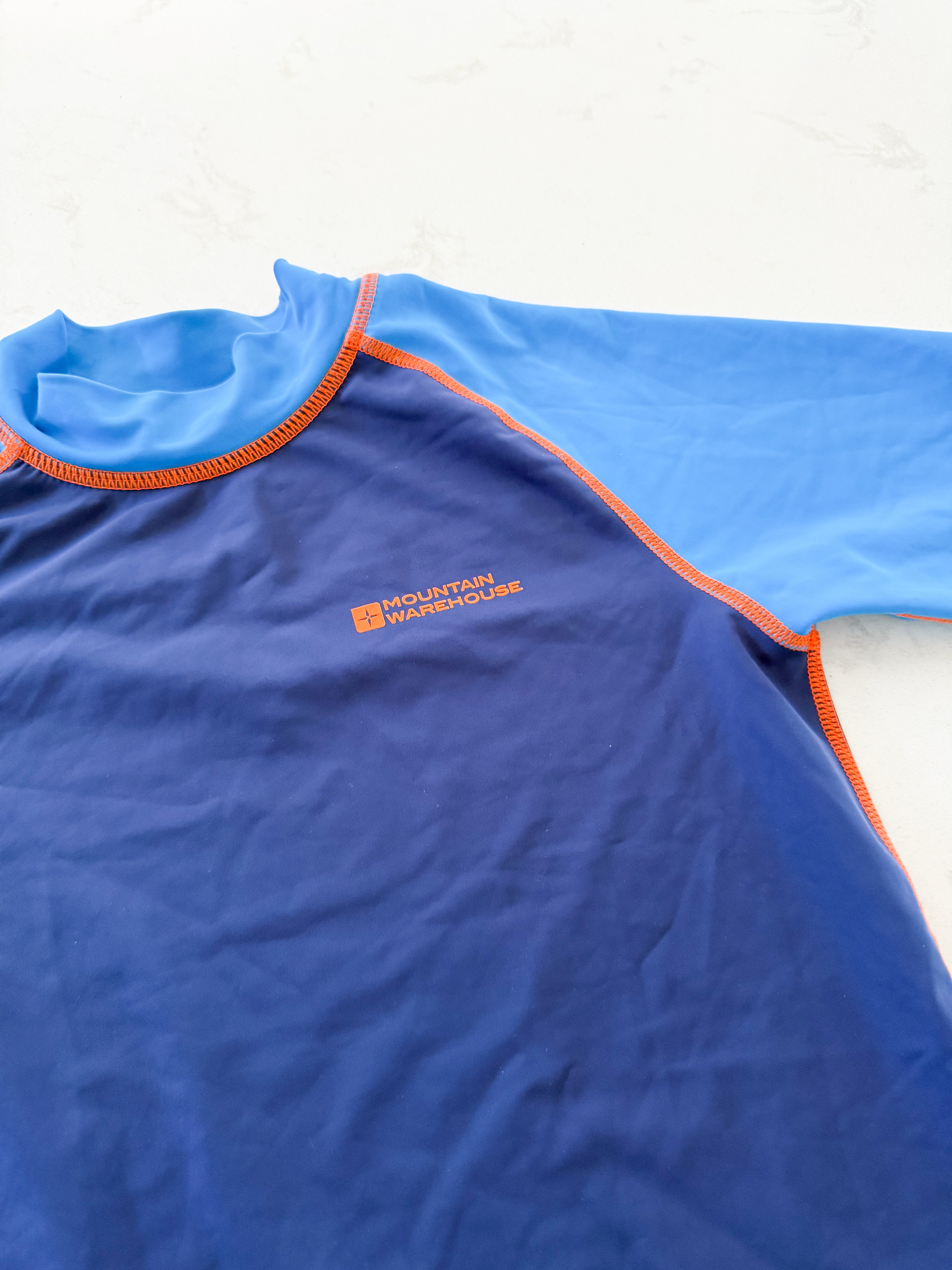 Mountain Warehouse- 9-10Y- VGUC- blue rashguard with orange accents