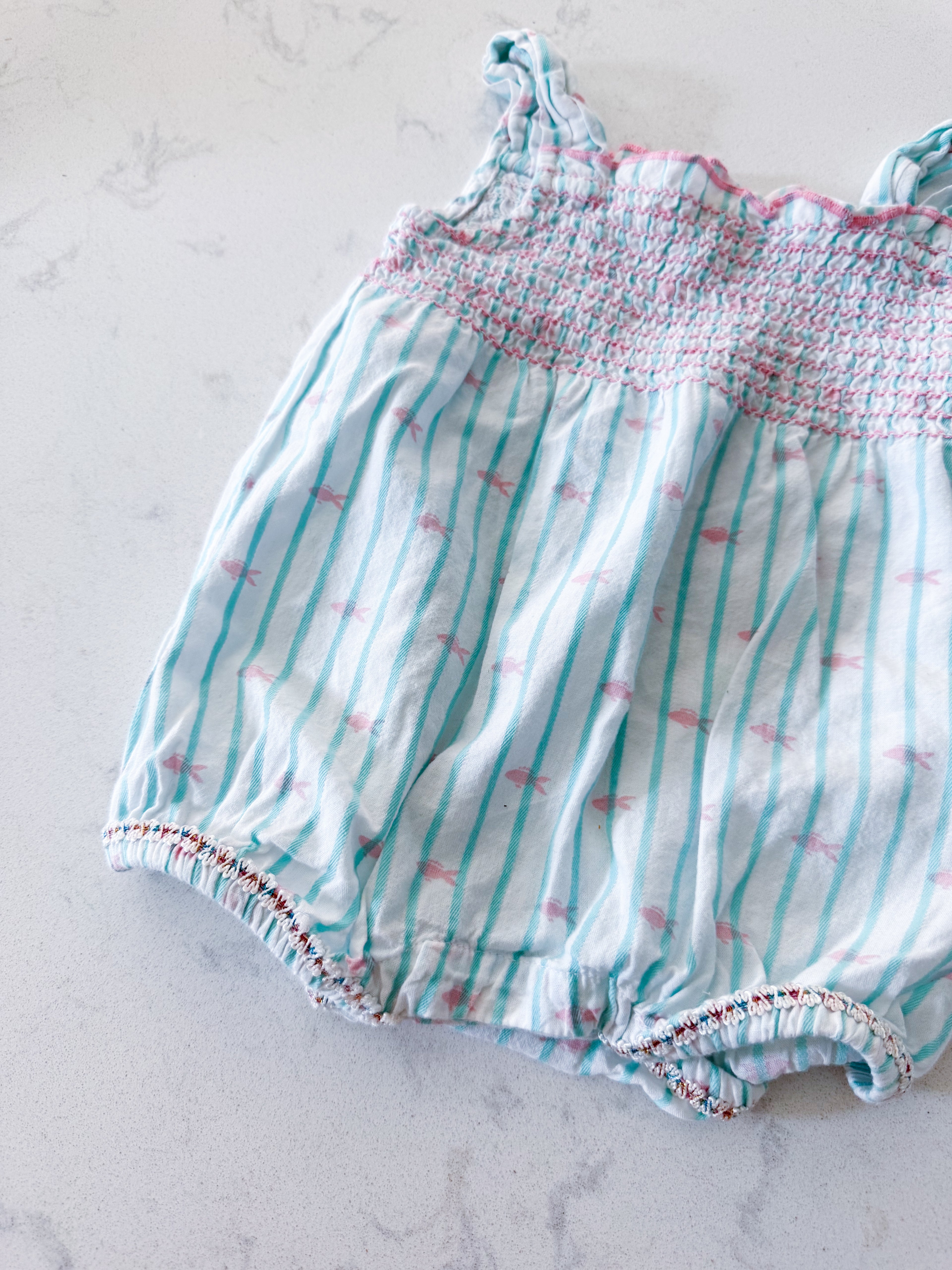 Hatley- 9-12m- VGUC- thin light pink and blue striped tank romper with tiny fish