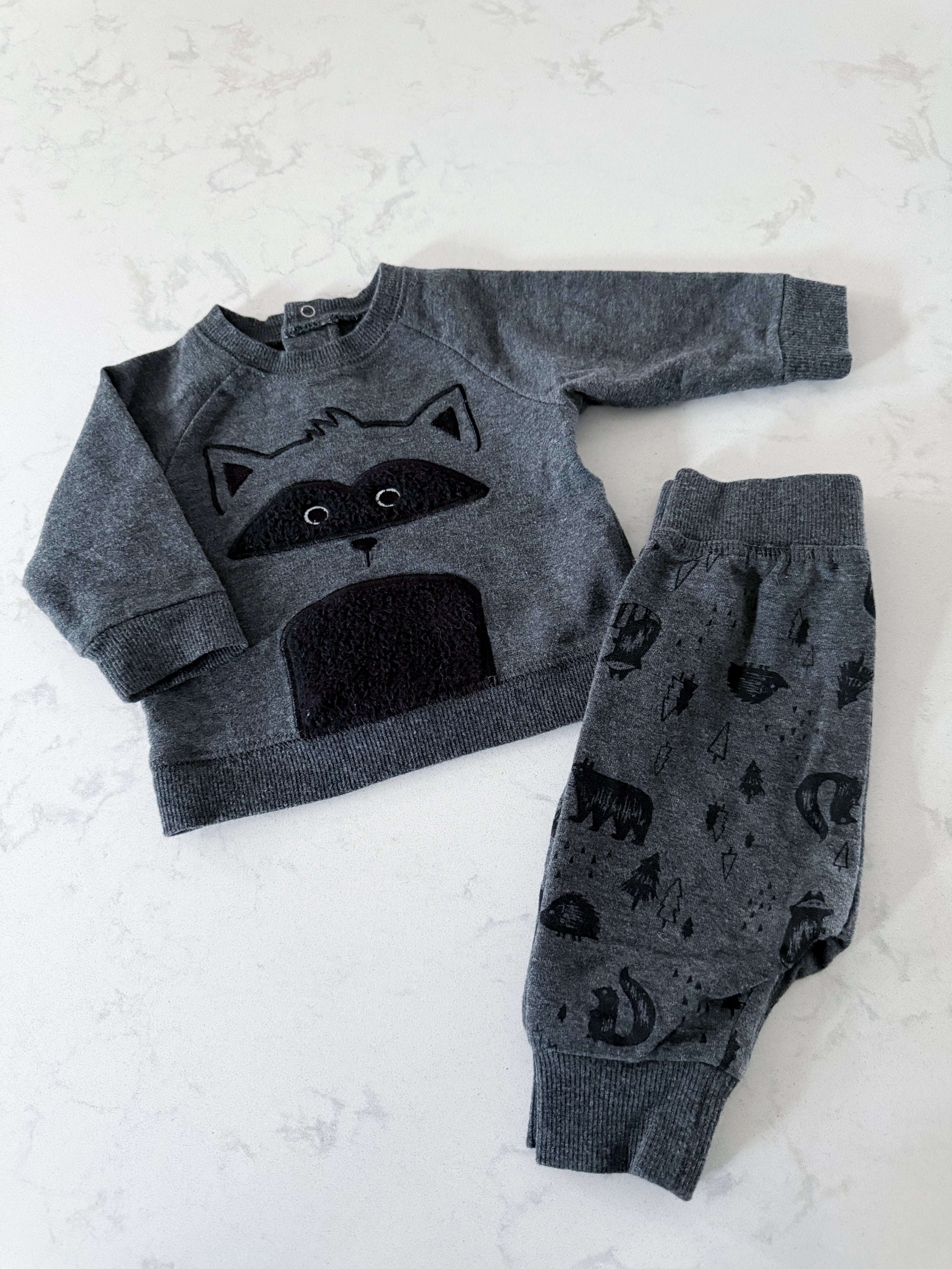 PL Baby- 3m- GUC- dark grey sweat suit with raccoons on it