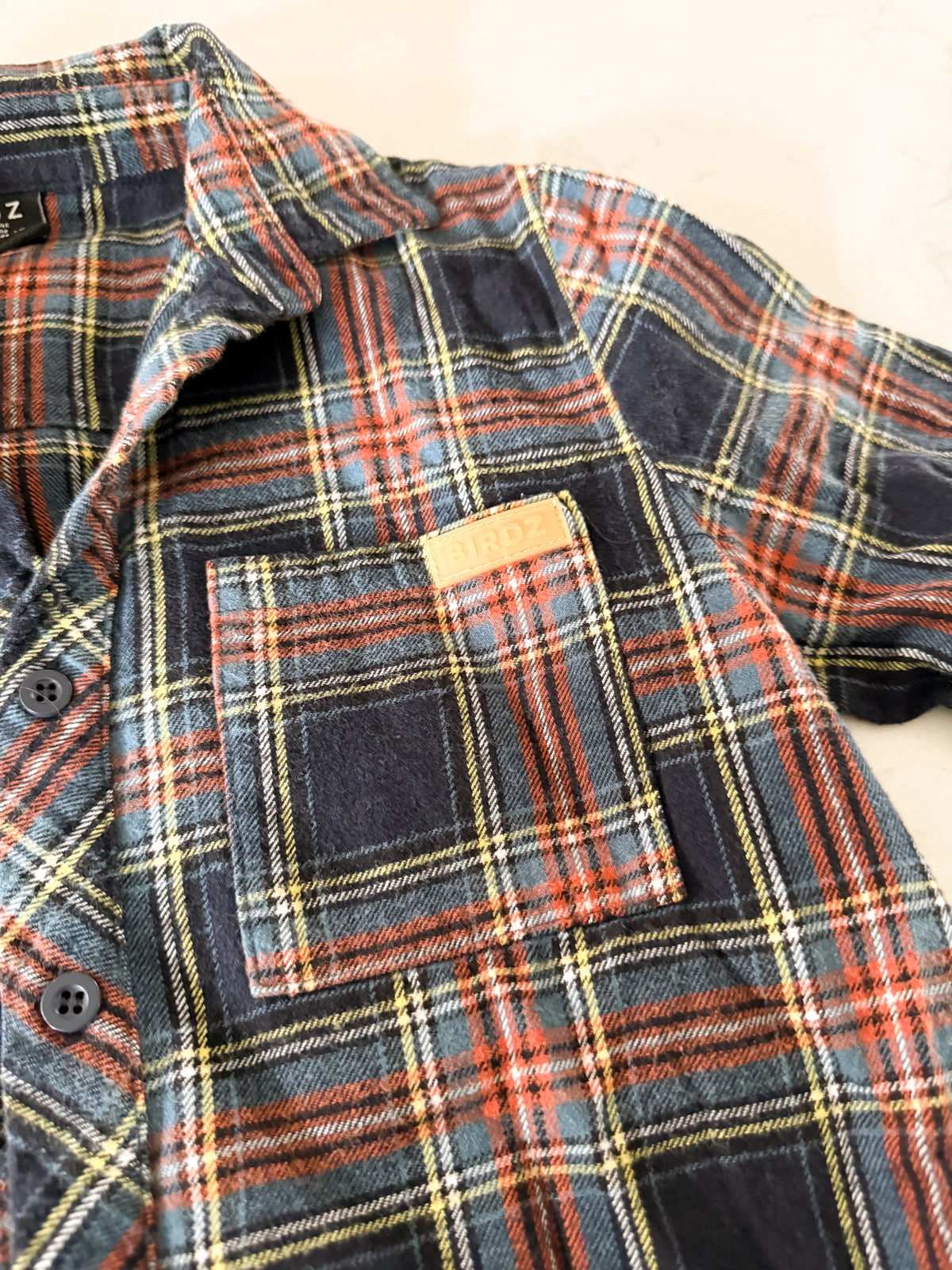 Birdz- 12Y- BNWOT- button up orange yellow navy plaid shirt