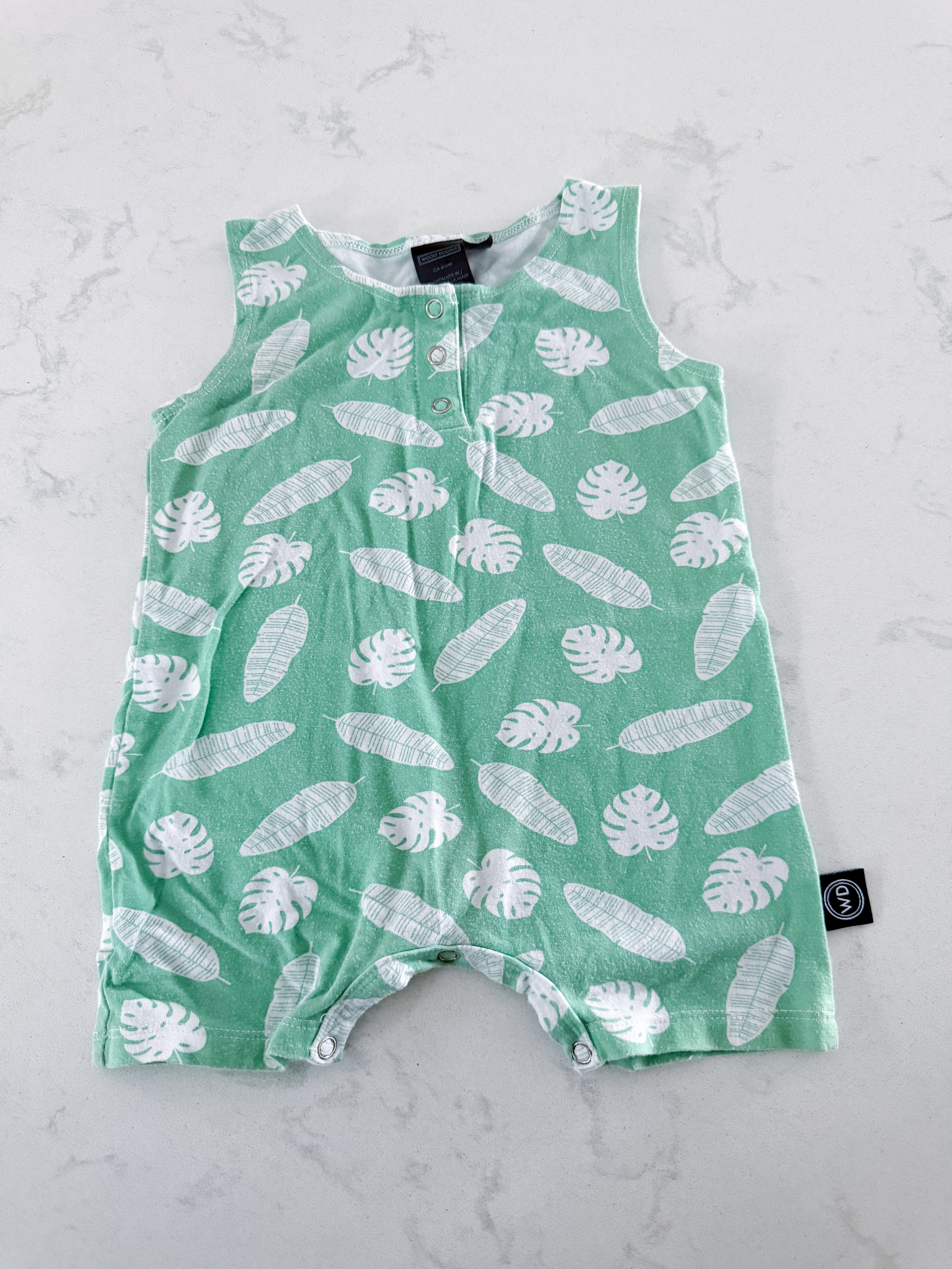 Woodly Doodle- 18-24m- PLAY- light green tank romper bamboo with tropical leaves