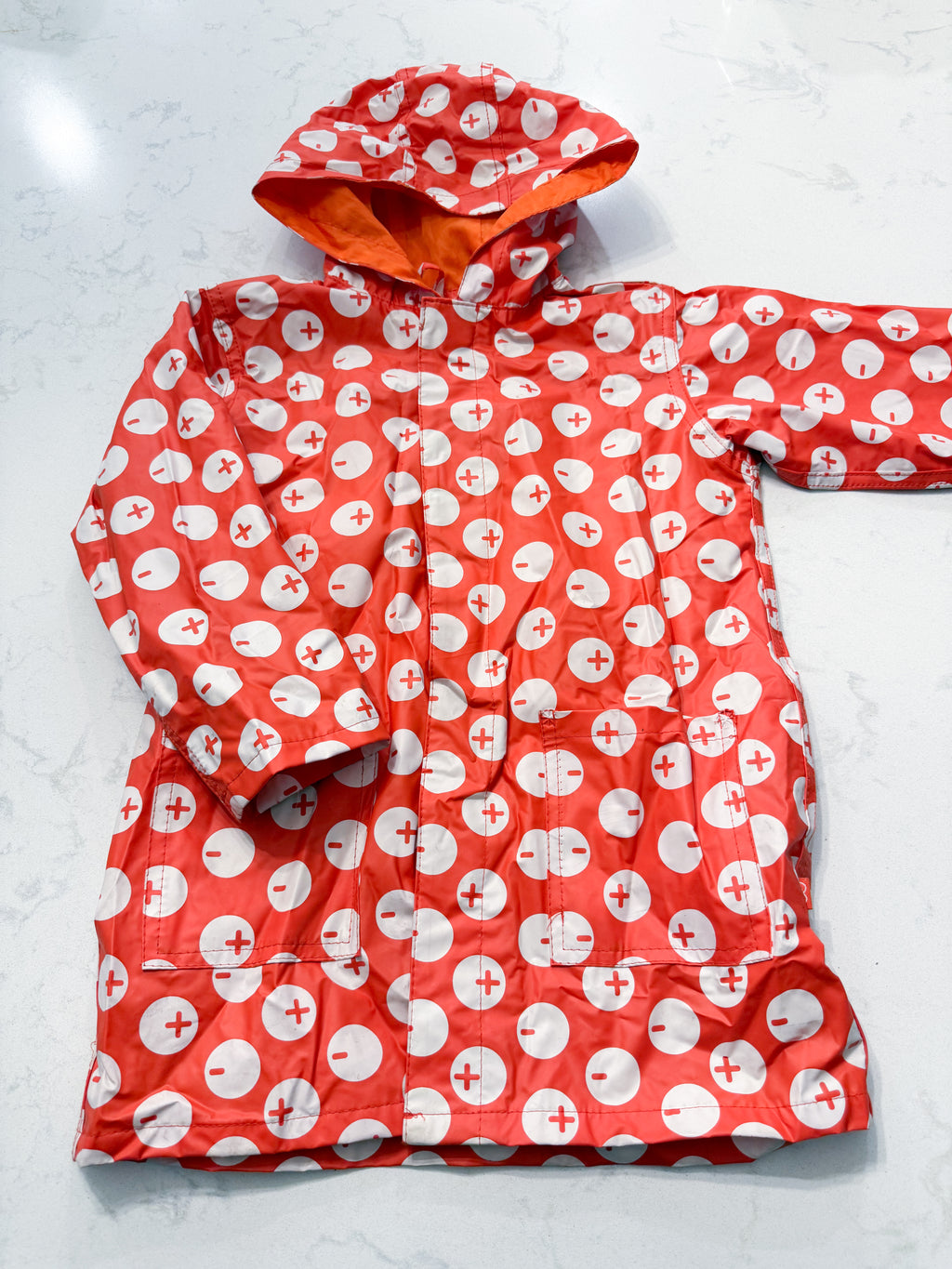 Magnificent baby- 4T (fits 5T)- play- orange positive negative charge pattern raincoat with magnetic buttons