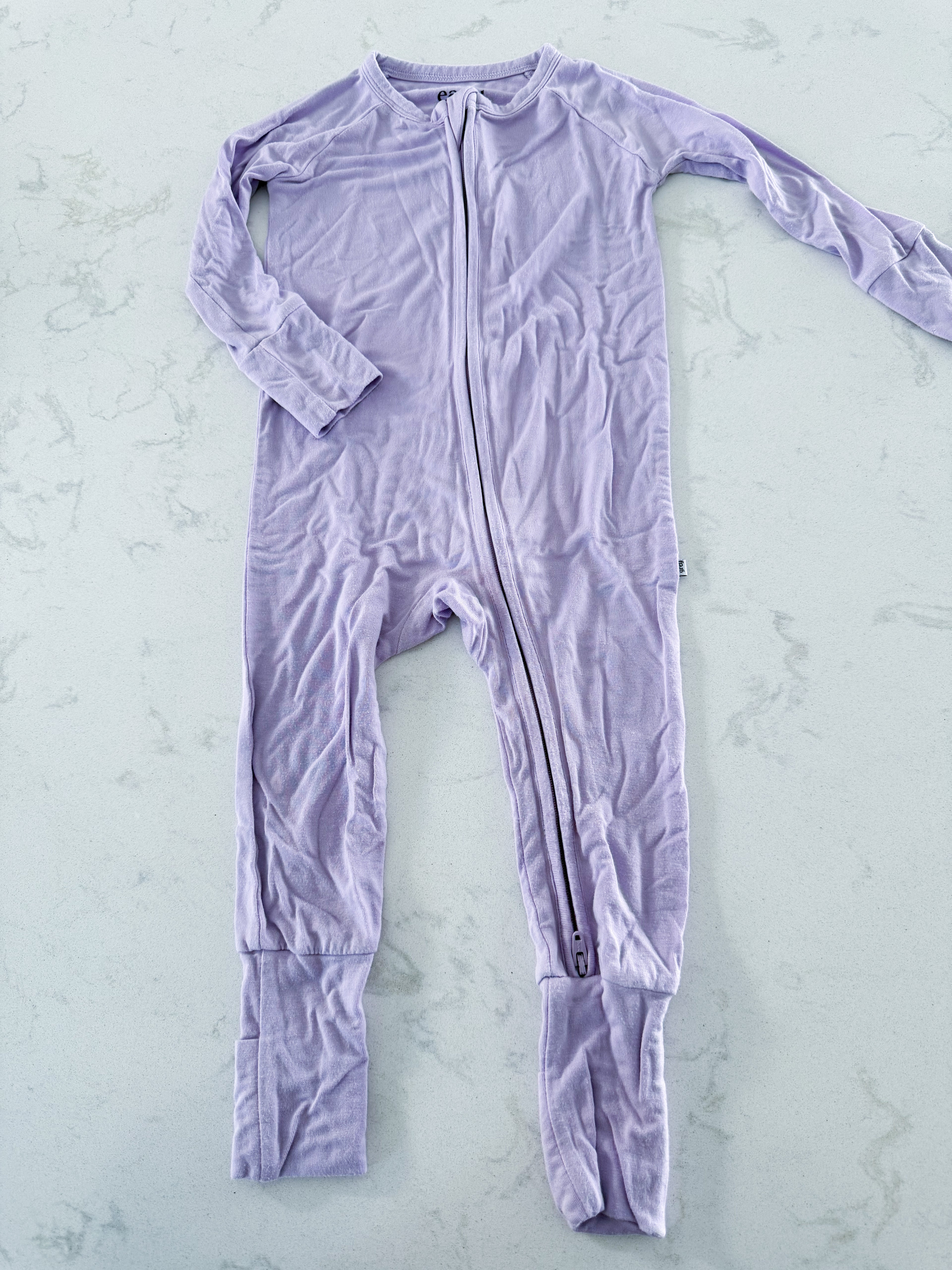 Early Grey- 6-12m- GUC- light purple bamboo jammies with fold over feet