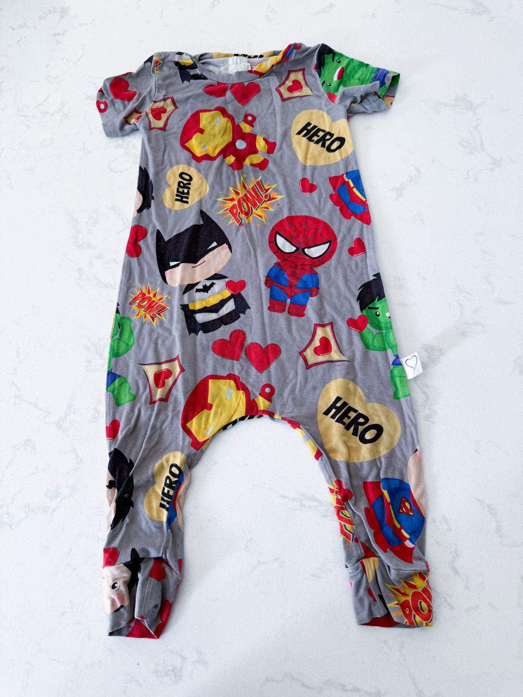 Vi and Jax- 6-12m- PLAY- grey bamboo short sleeve romper with superheroes