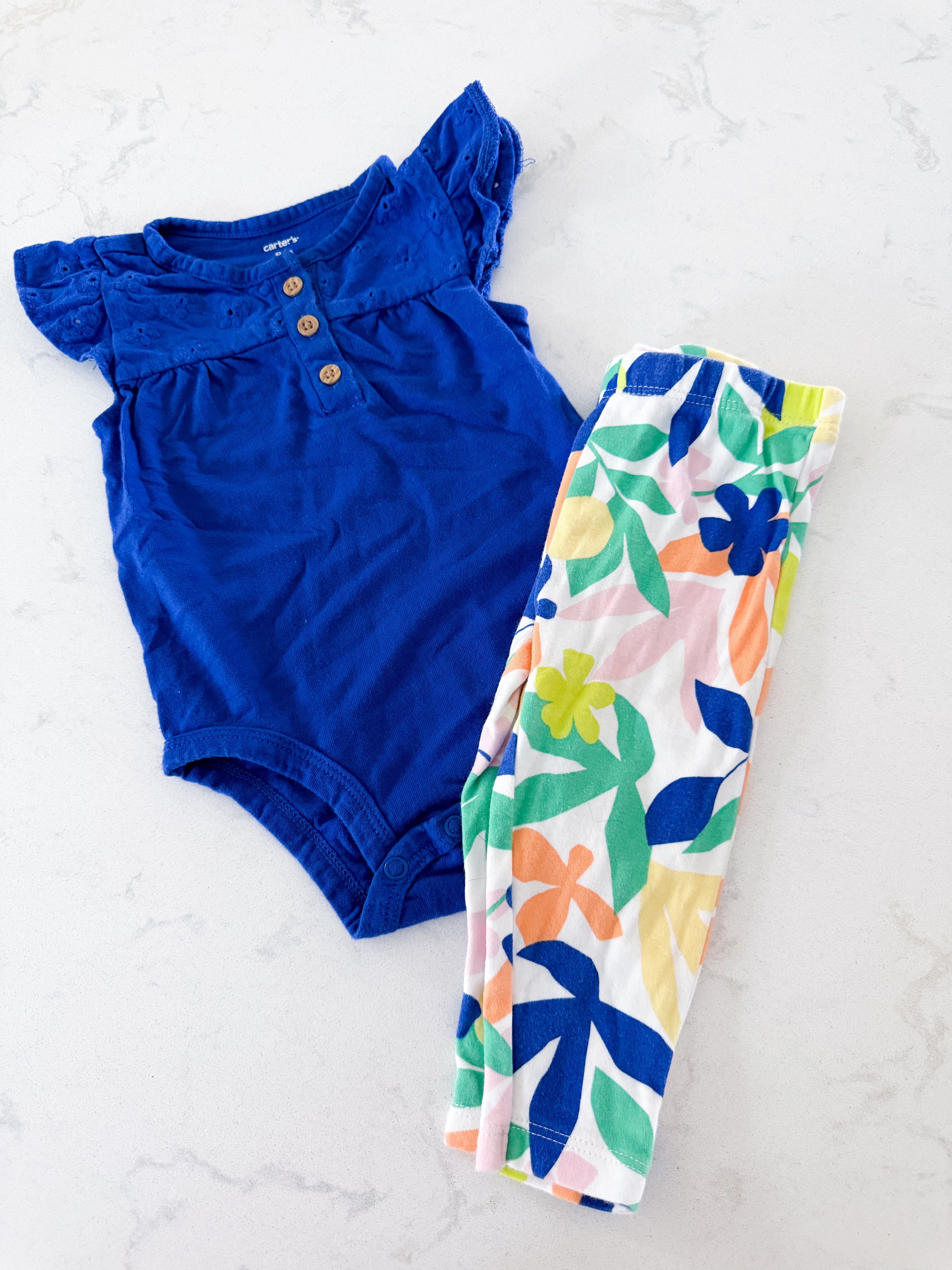 Carters- 9m- GUC- royal blue bodysuit with floral leggings
