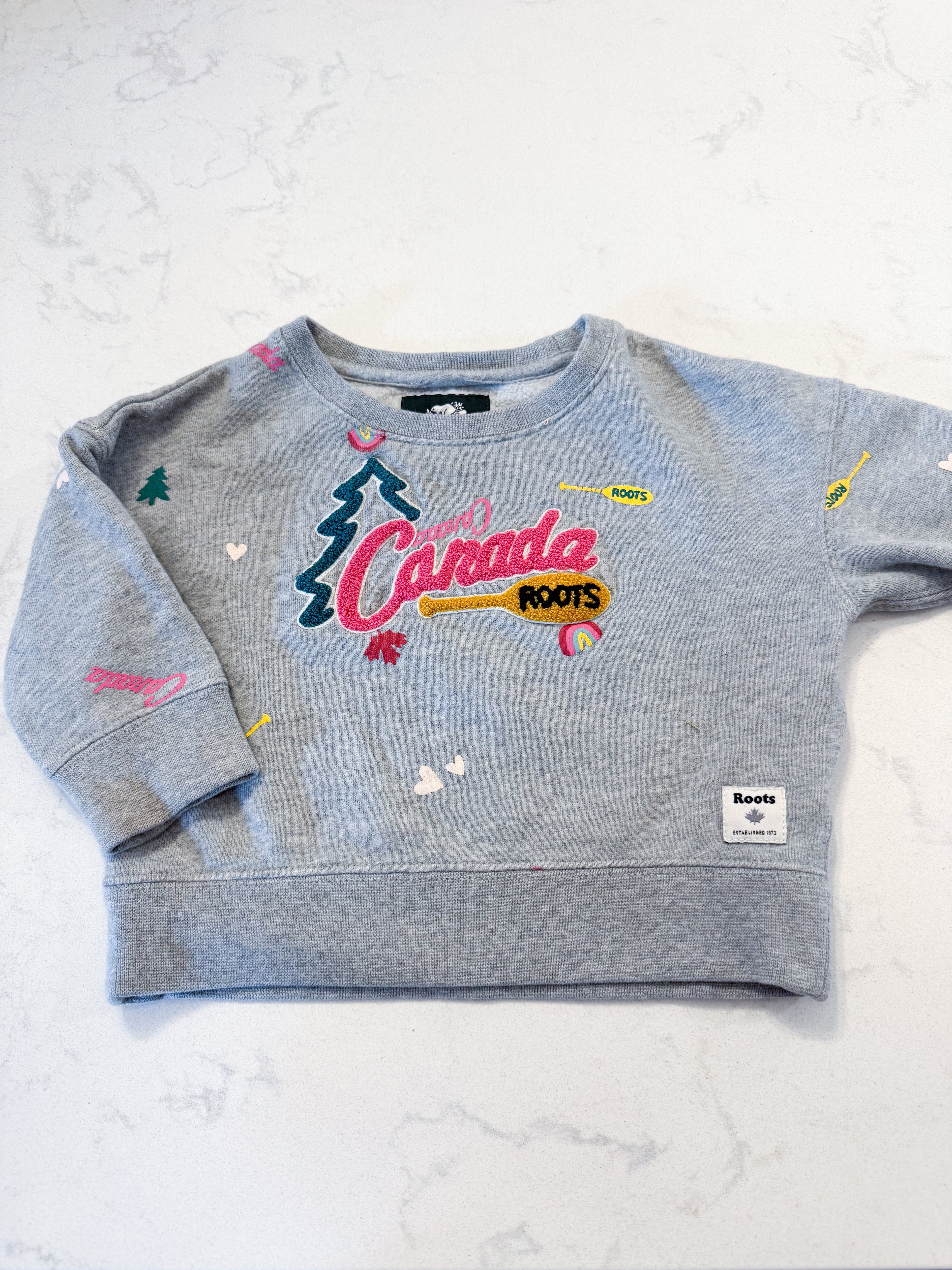 Roots- 6-12m- GUC- grey long sleeve crewneck with terry towel embroidery