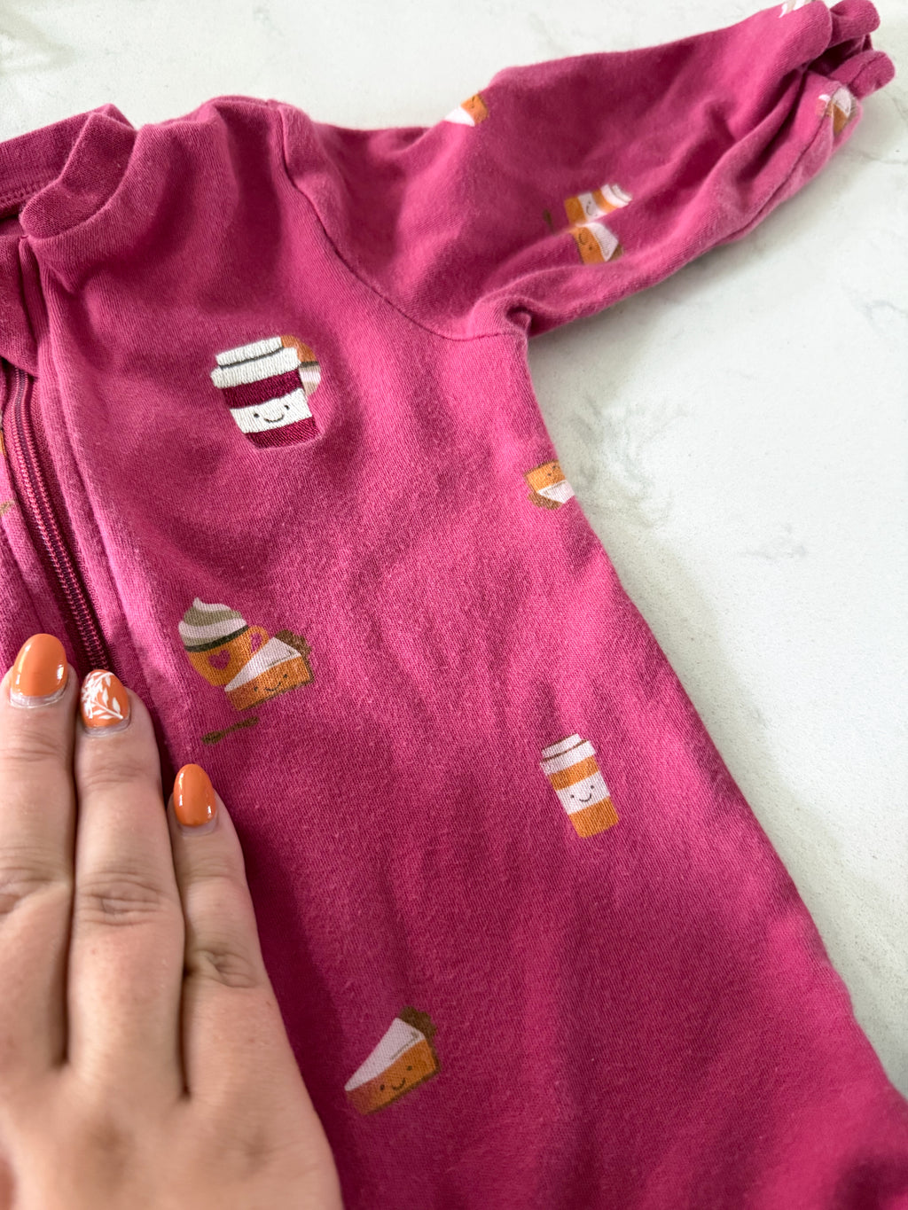 Pekkle- 9m- GUC- dark pink footie pajamas with pumpkin spice pattern and embroidered latte