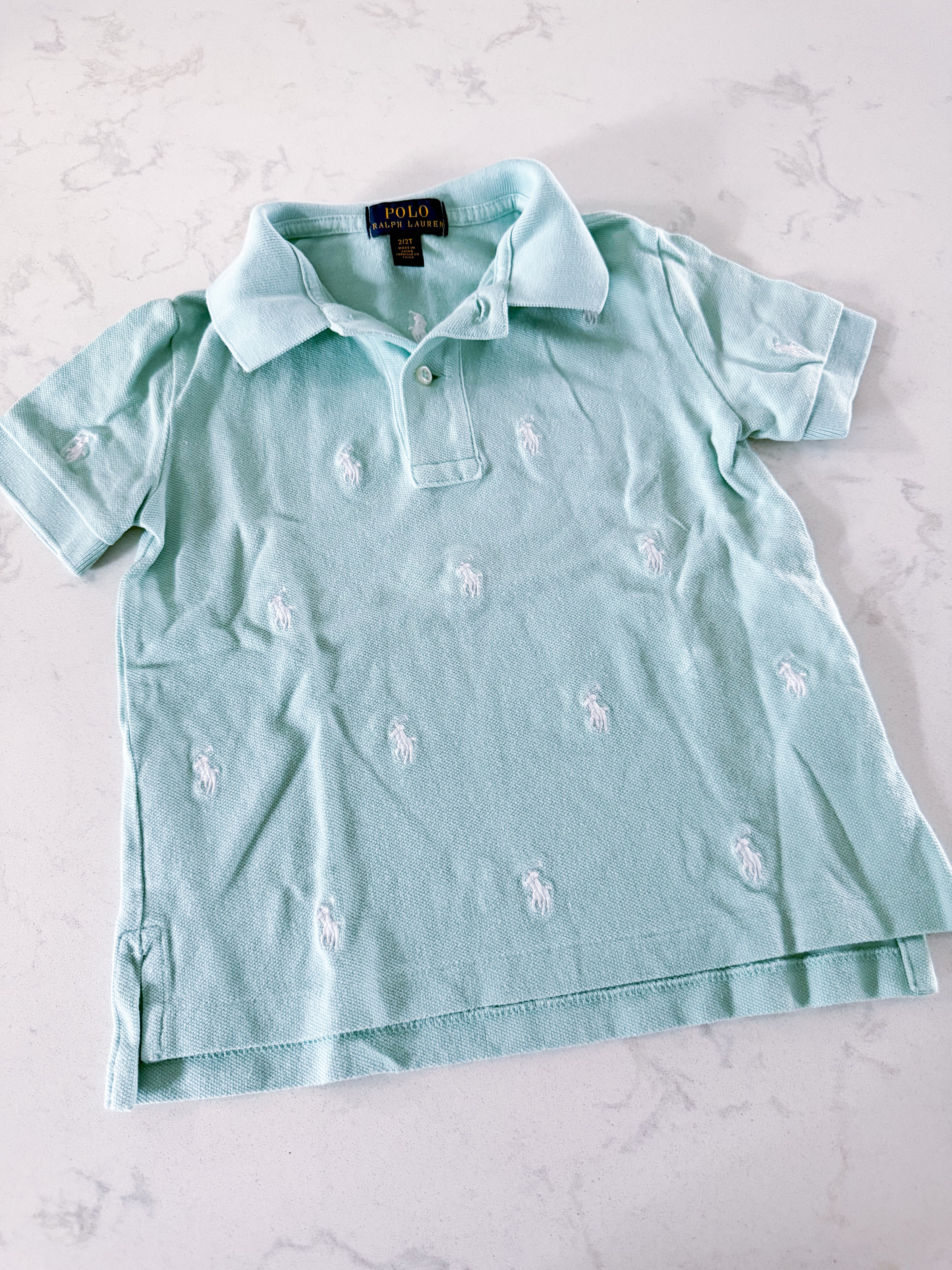Ralph Lauren- fits 3T- VGUC- mint green polo with embroidered RL symbols