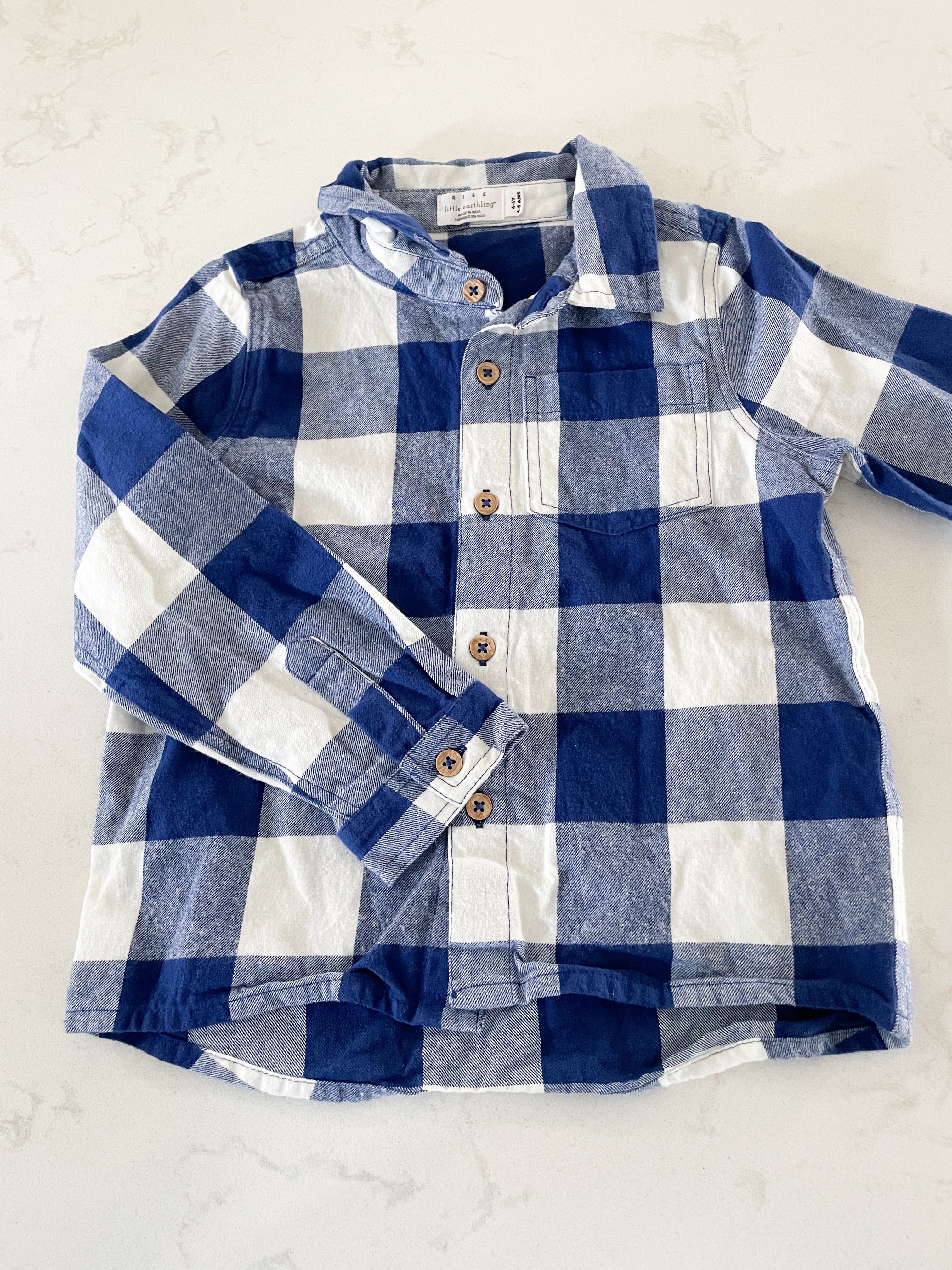 Rise Little Earthling- 4-5Y- white and blue plaid button up