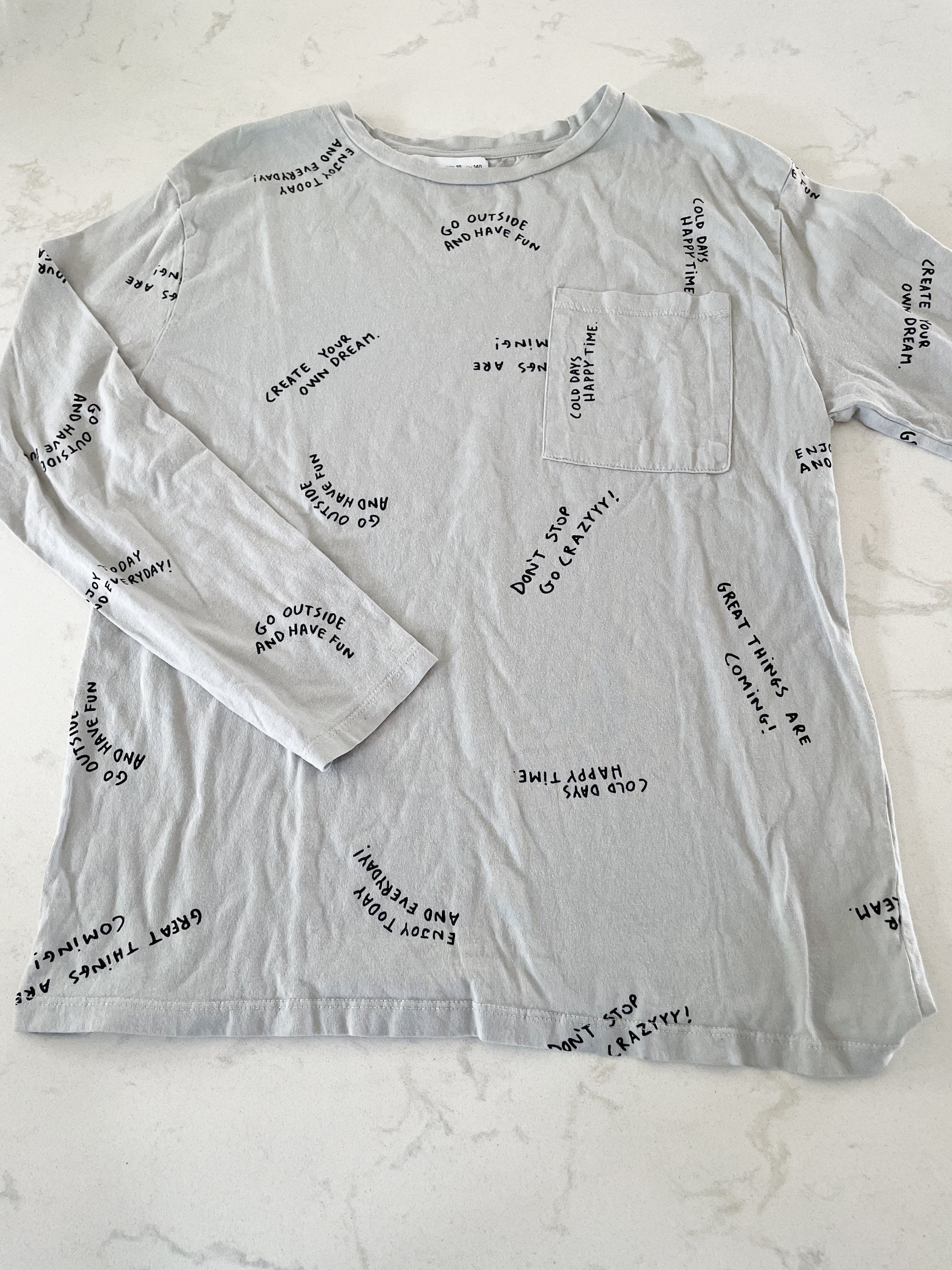 Zara- 10Y- light grey long sleeve shirt with black text