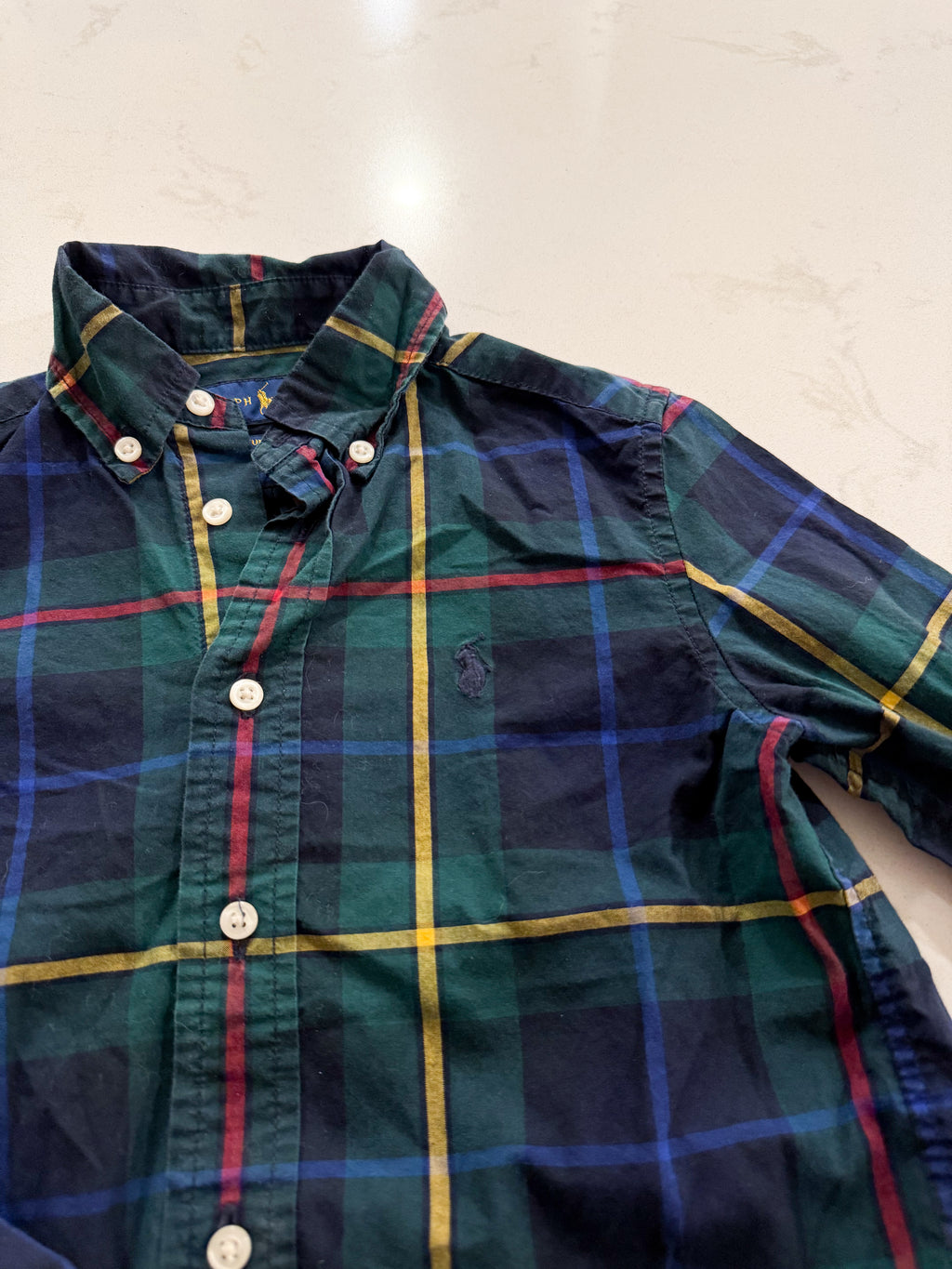 Ralph Lauren- 4T- VGUC- green plaid button up dress shirt