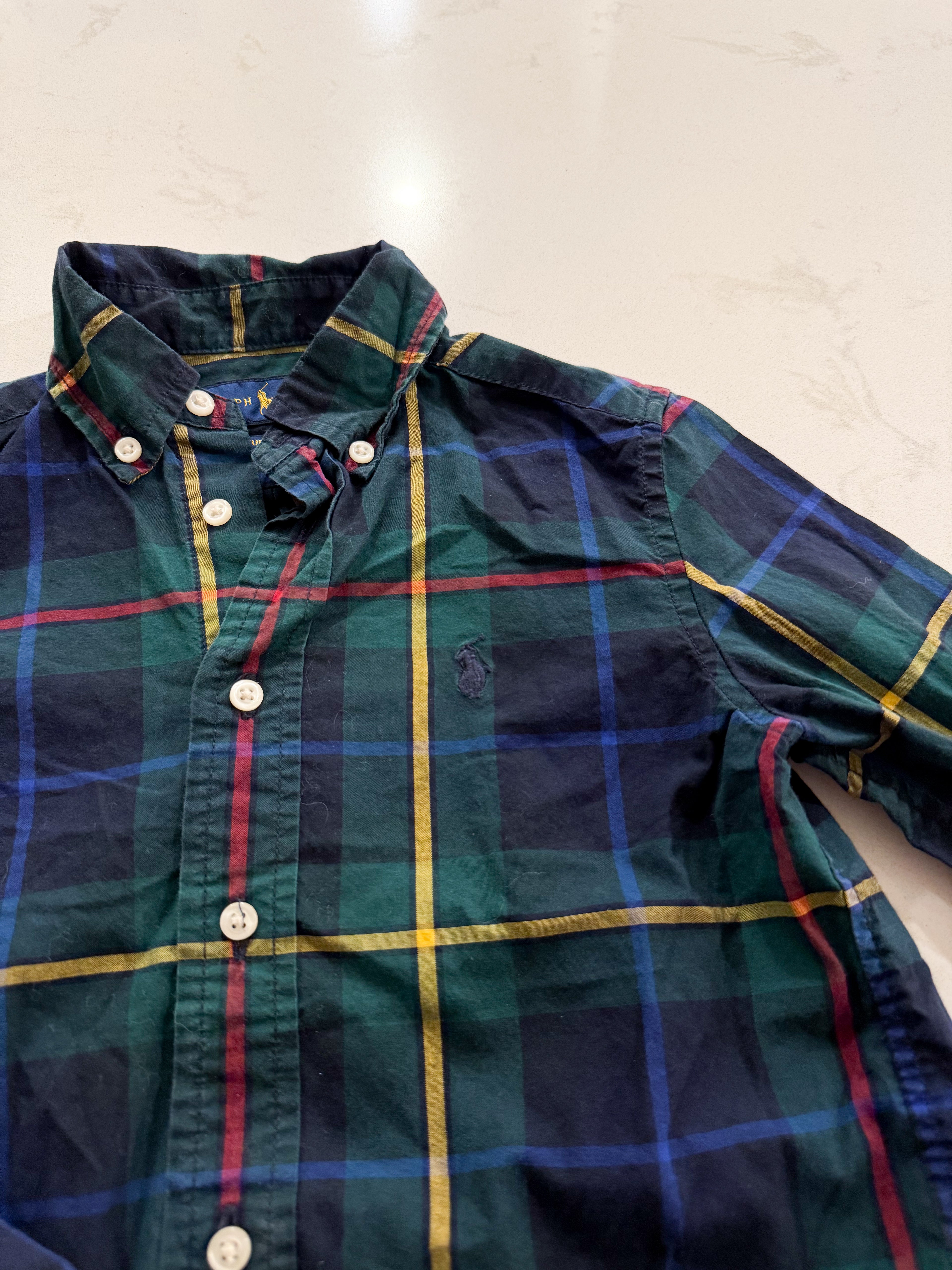 Ralph Lauren- 4T- VGUC- green plaid button up dress shirt