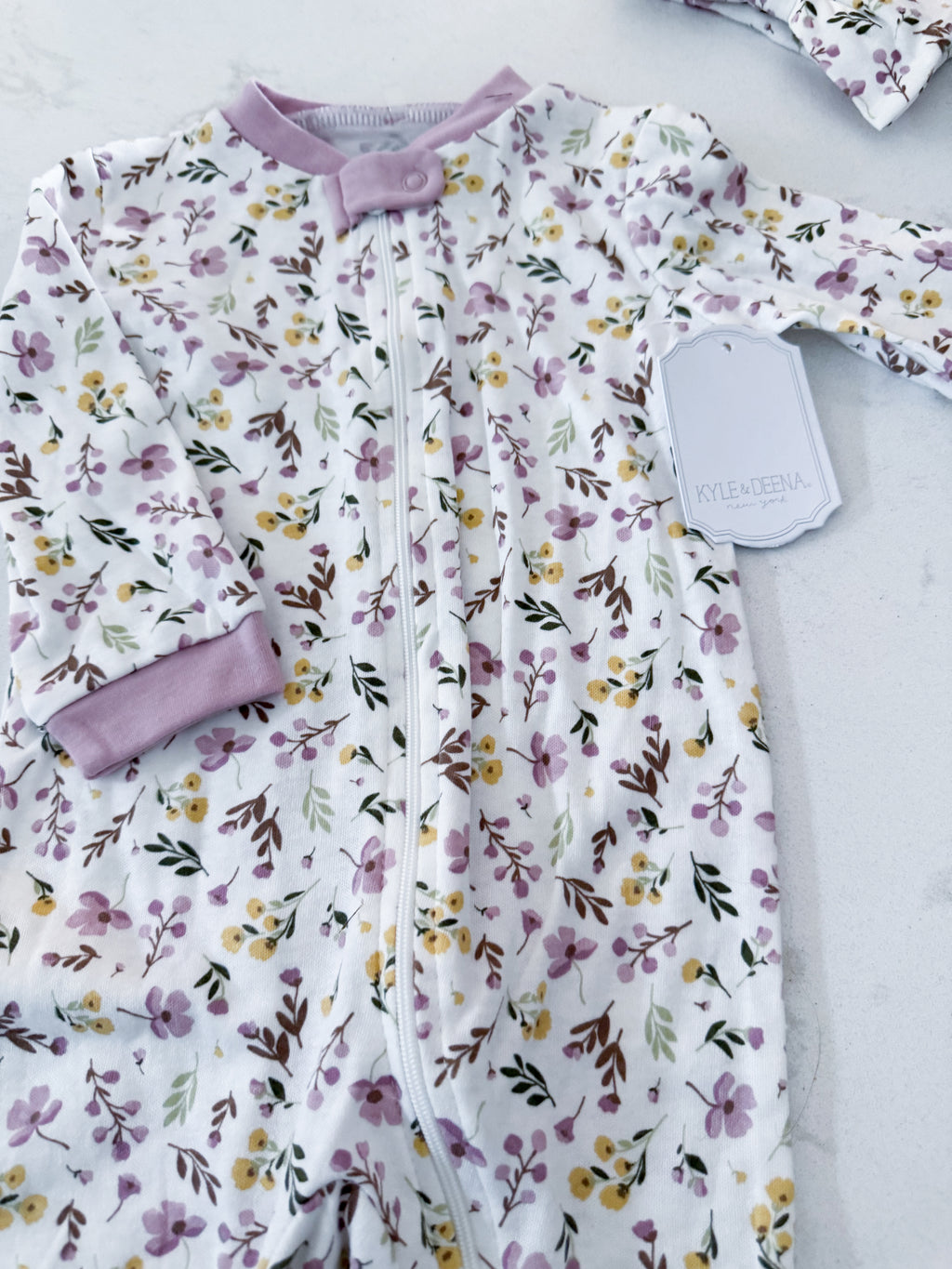 Kyle and Deena- 6-9m- BNWT- white footie pajamas with purple florals and matching headband