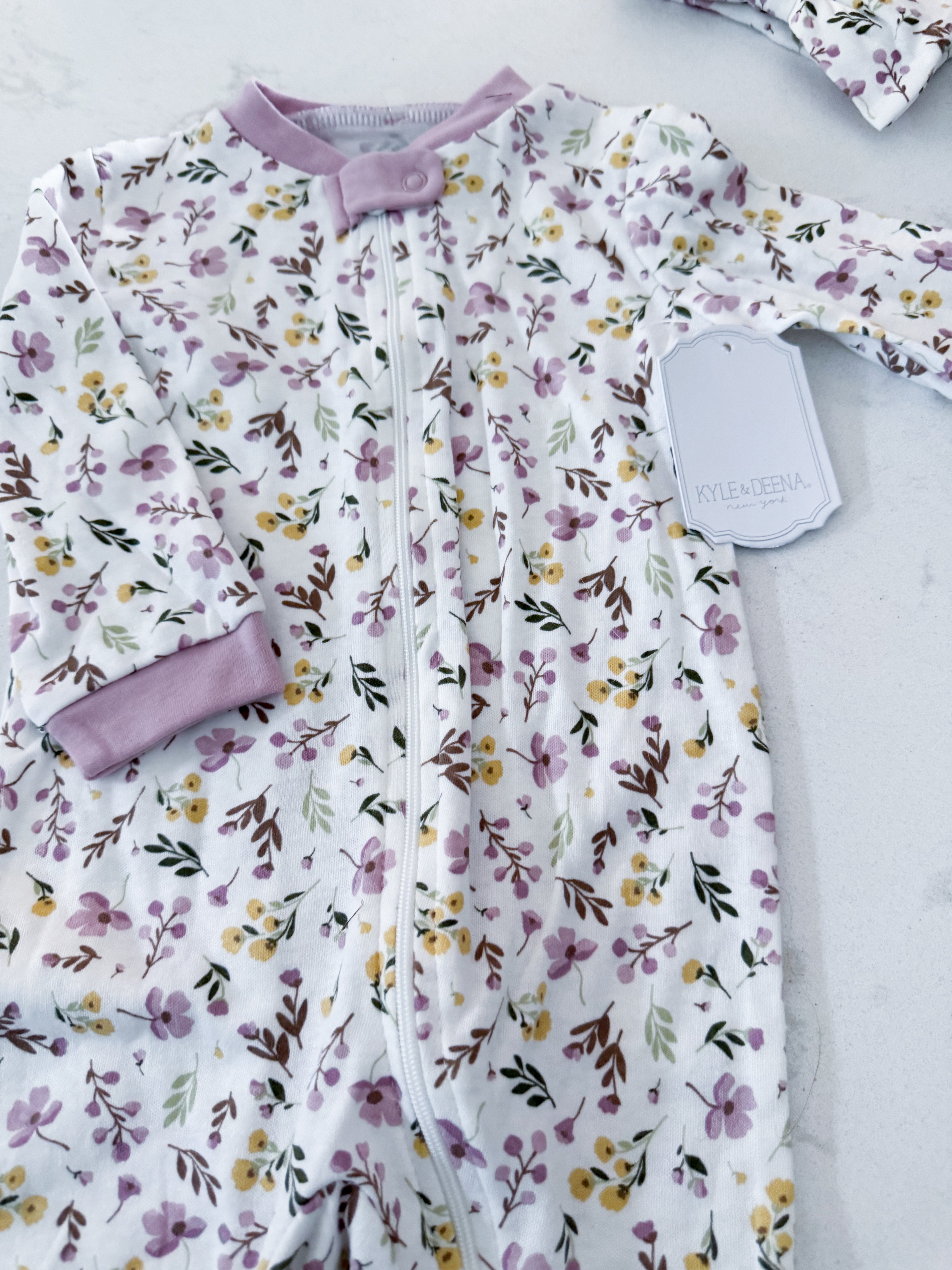 Kyle and Deena- 6-9m- BNWT- white footie pajamas with purple florals and matching headband
