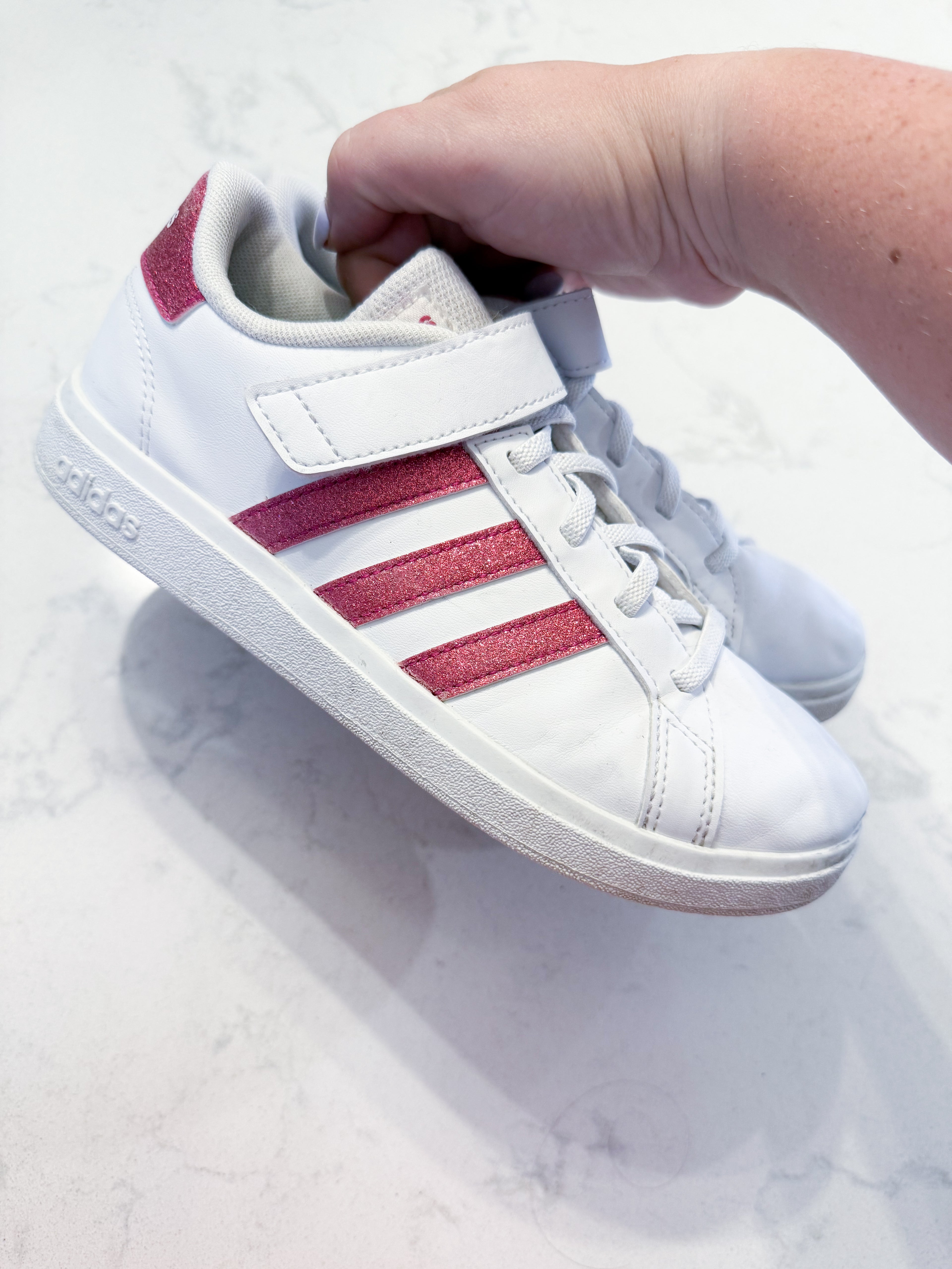 Adidas- 3Y- PLAY- white shoes with sparkly pink accents and Velcro strap