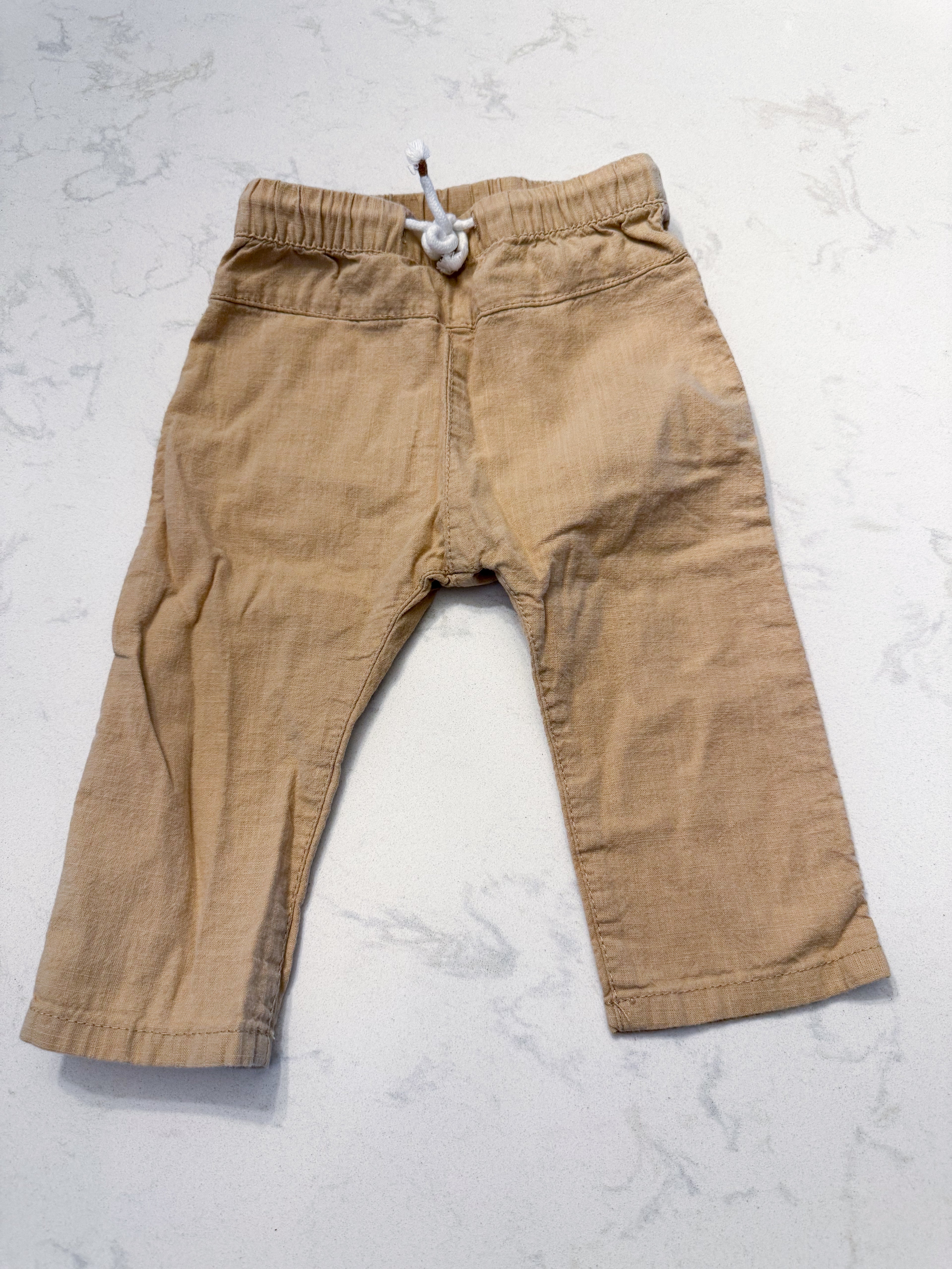 H&M- 6-9m- GUC- linen tan pants with drawstring