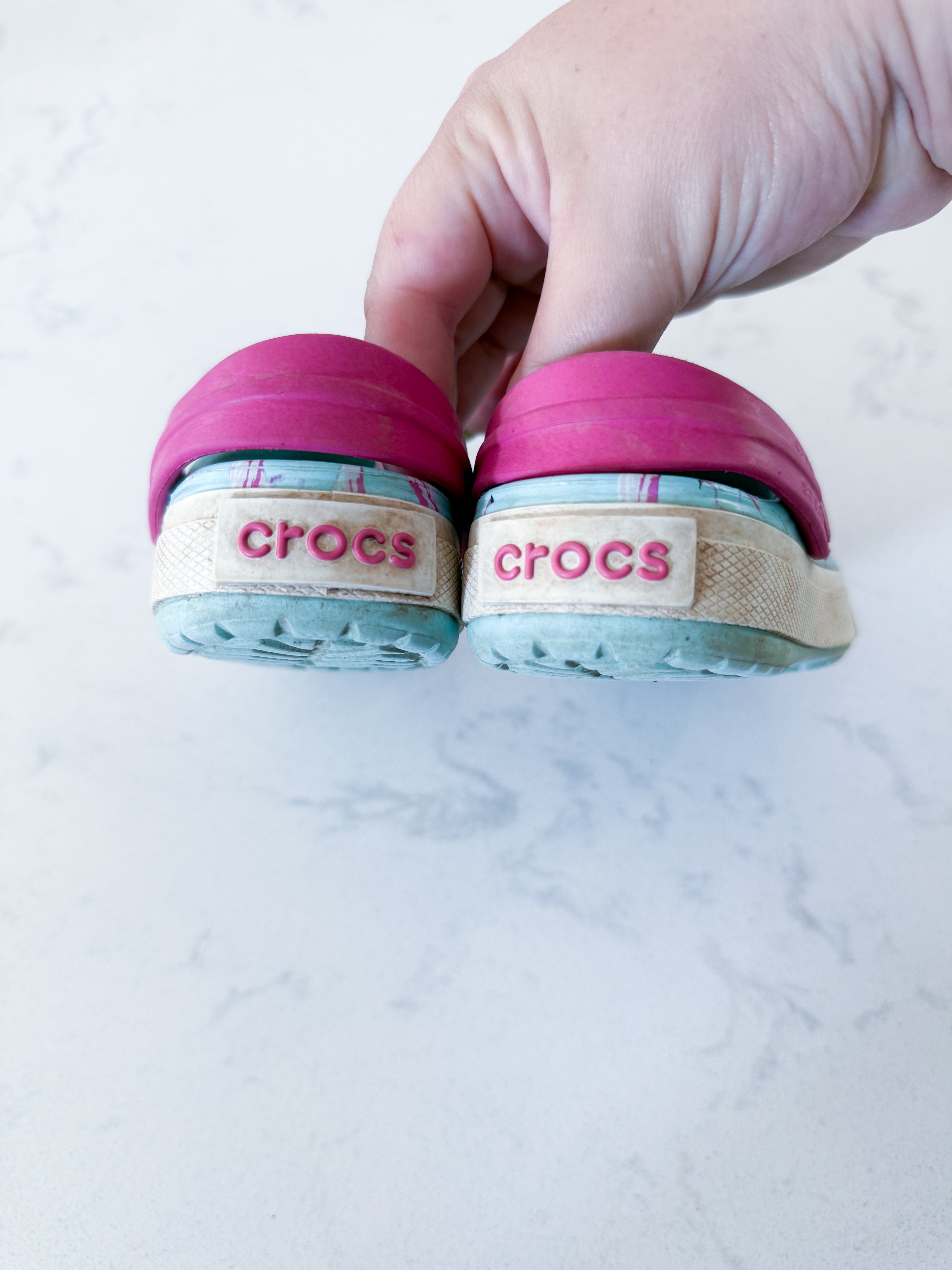 Crocs- 8/9C- PLAY- light blue slip ons with pink flamingos