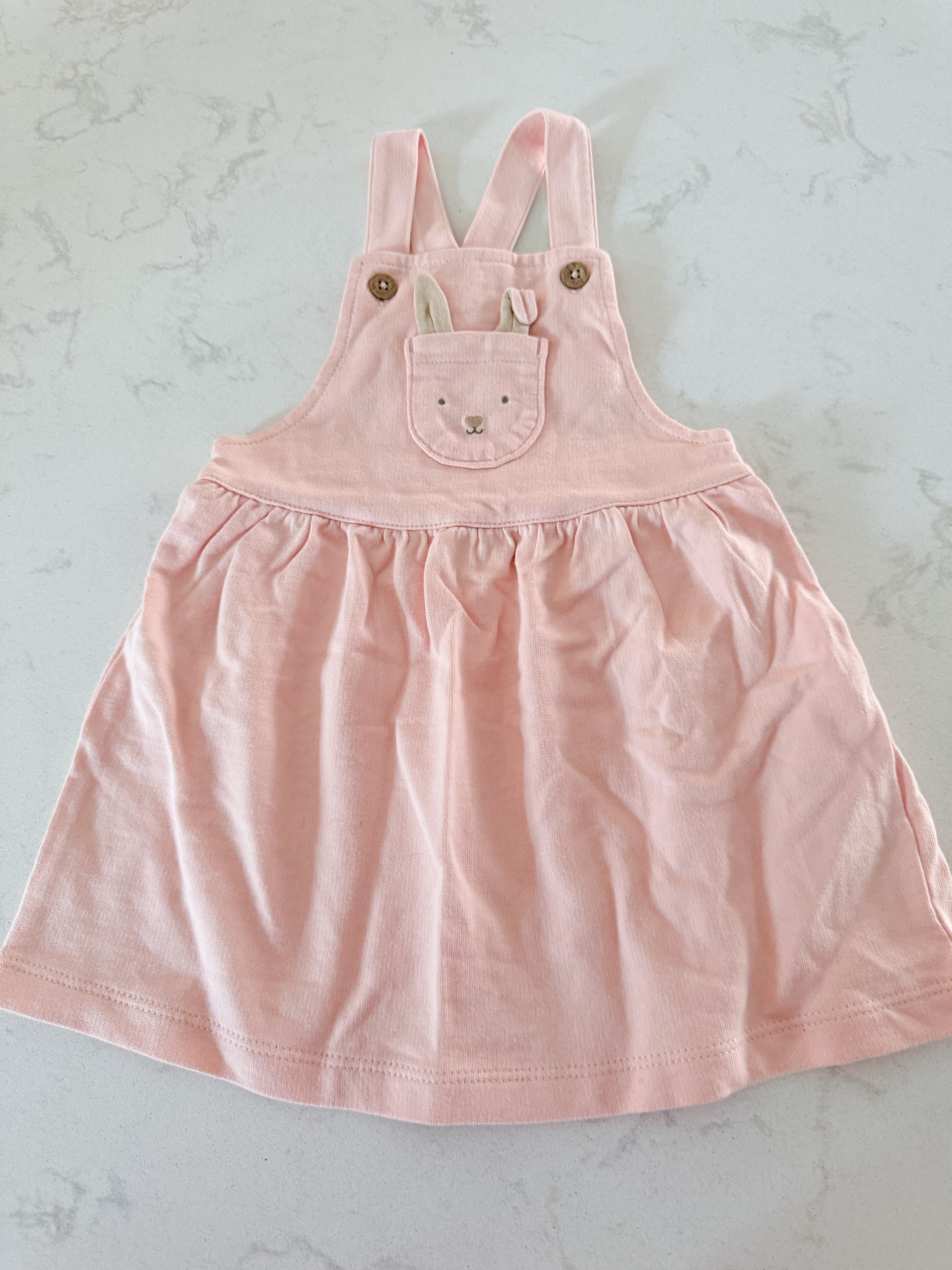 Carters- 12m- VGUC- pink overall dress with bunny