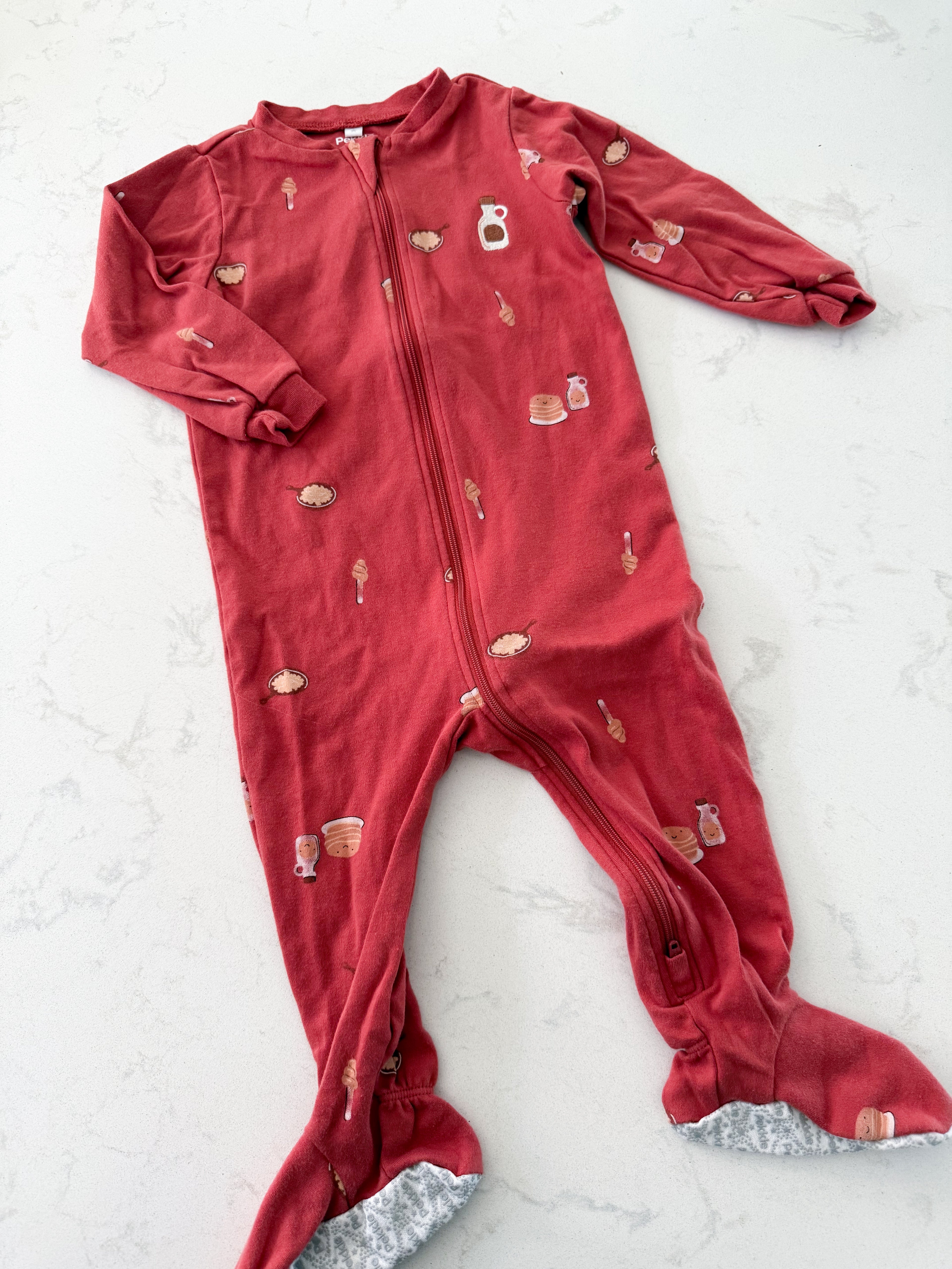 Pekkle- 18m- GUC- reddish footie pajamas with embroidered maple syrup