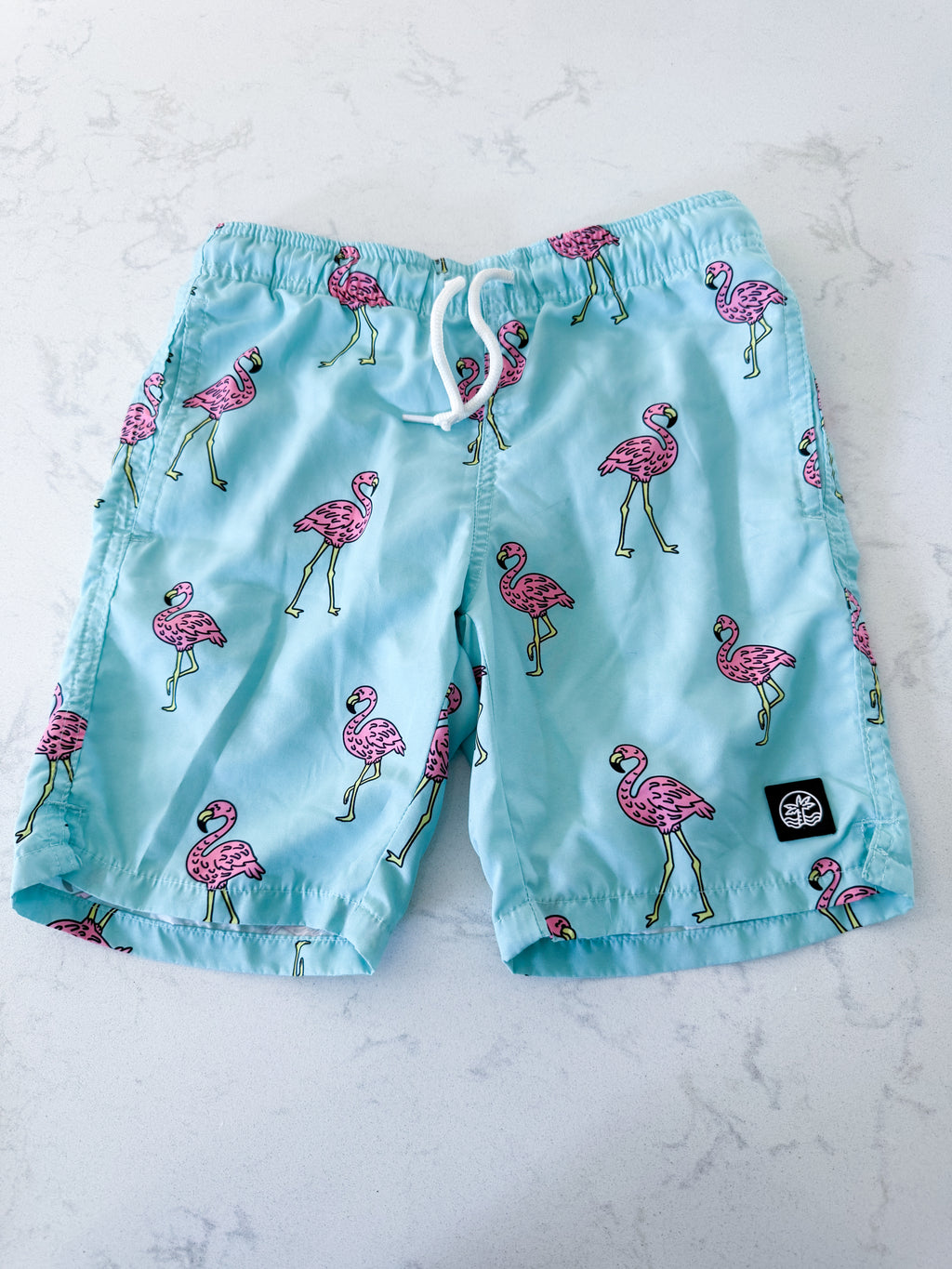 360 surf Beach short- fits 8-10Y- VGUC- light blue swim trunks with bright pink flamingos