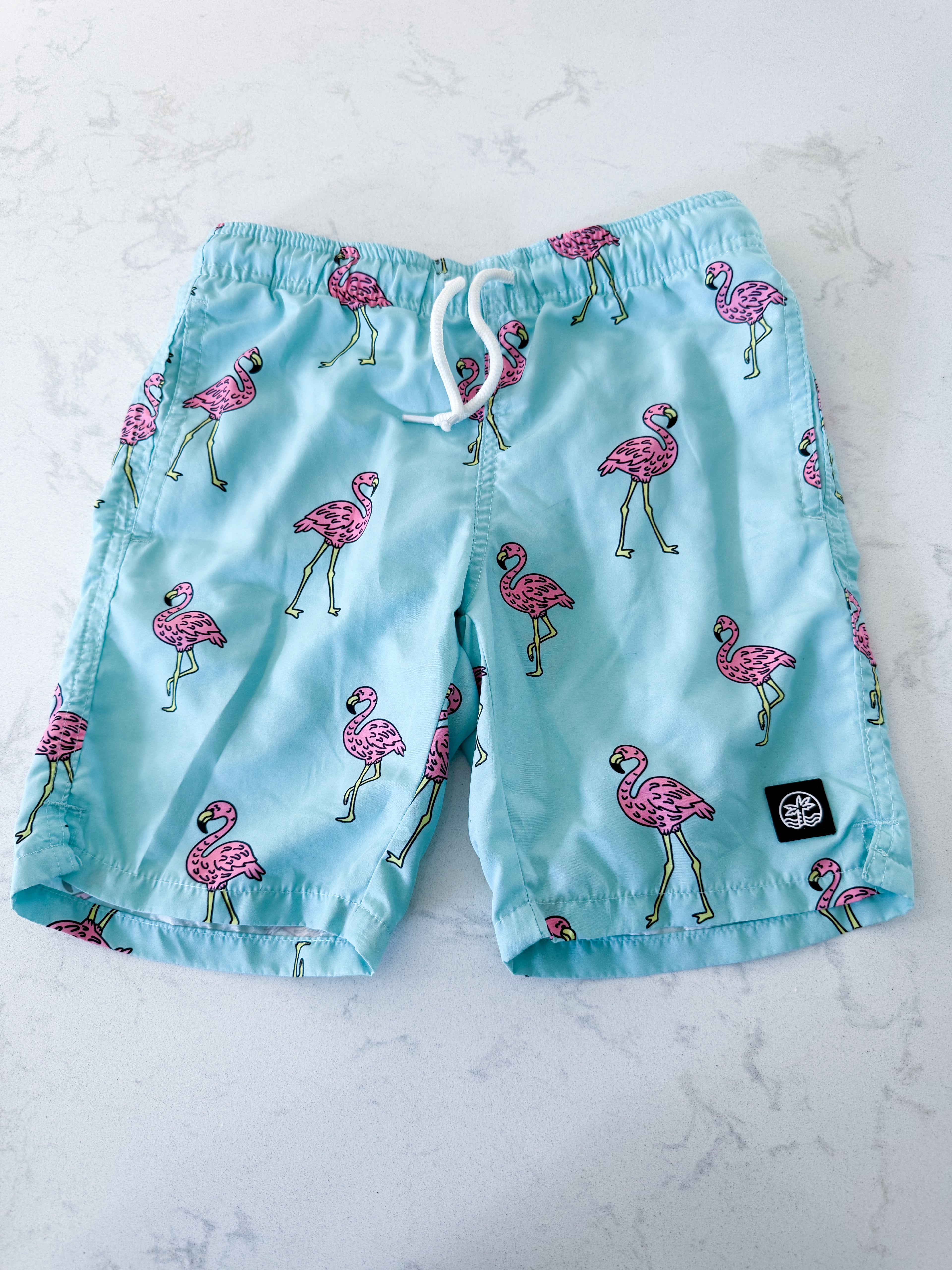 360 surf Beach short- fits 8-10Y- VGUC- light blue swim trunks with bright pink flamingos