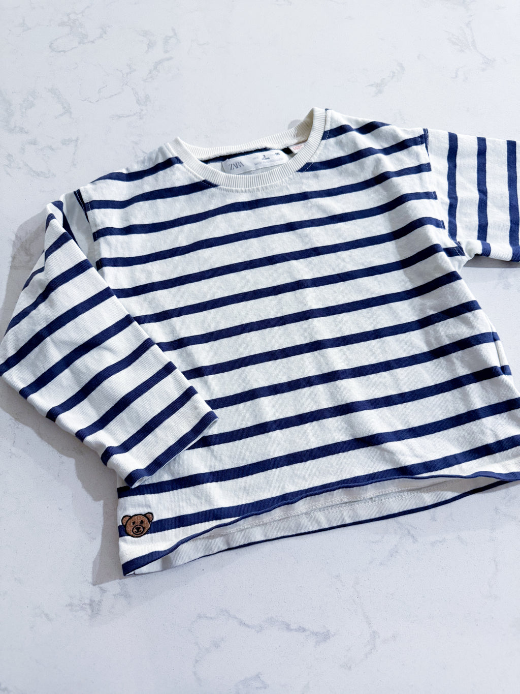 Zara- 3T- VGUC- blue and white striped long sleeve shirt with bear embroidered on hip