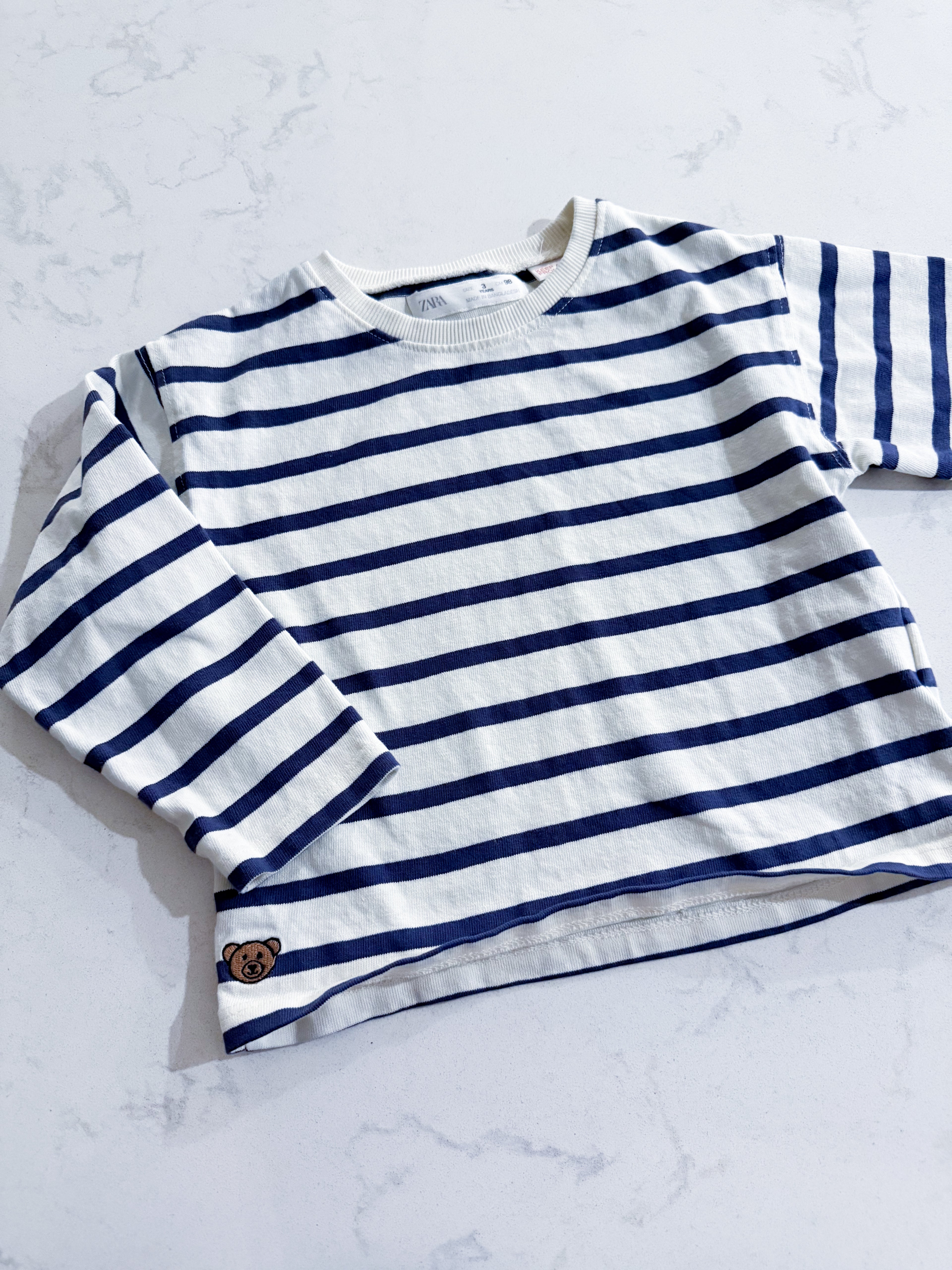 Zara- 3T- VGUC- blue and white striped long sleeve shirt with bear embroidered on hip