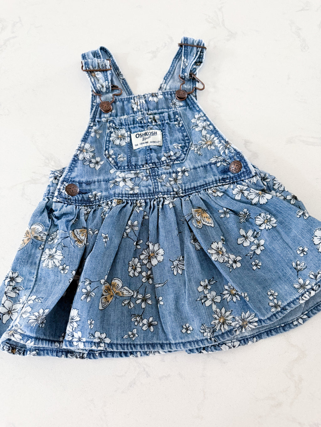 Oshkosh-9m- VGUC- denim overall dress with florals and butterflies
