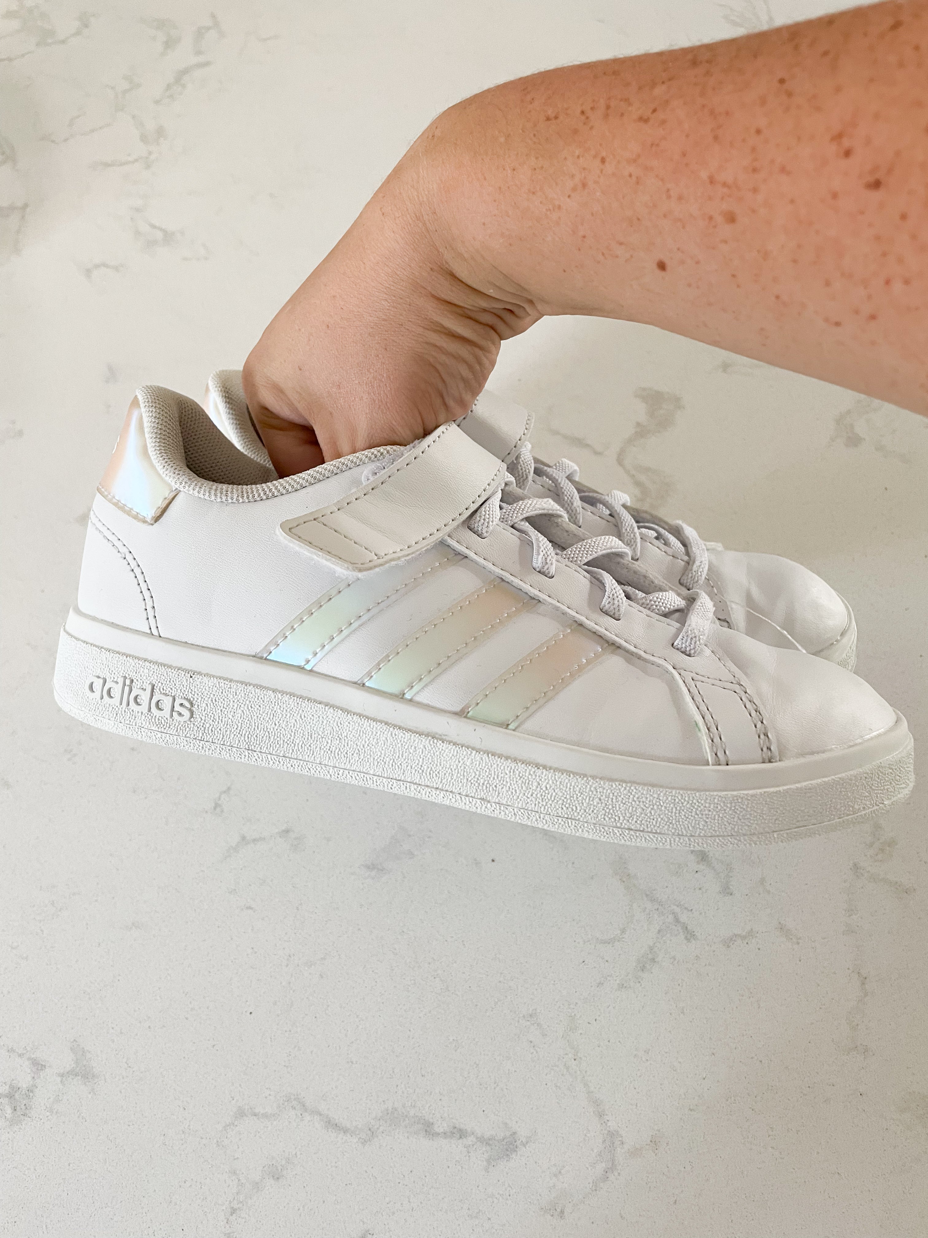 Adidas- 2 Youth- white shoes with metallic pink branding