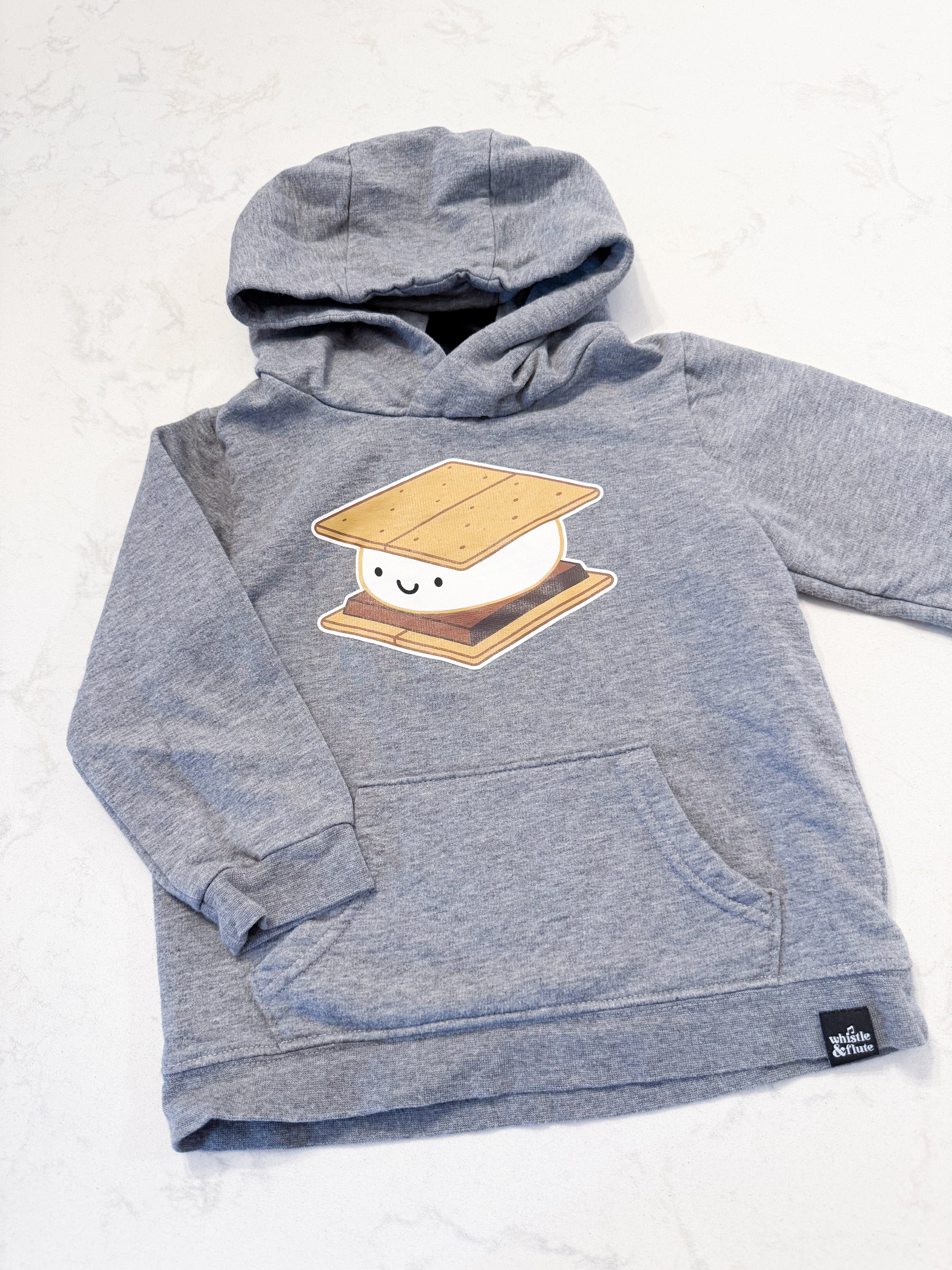 Whistle and Flute- fits 12-18m- VGUC- grey hoodie with s’more graphic