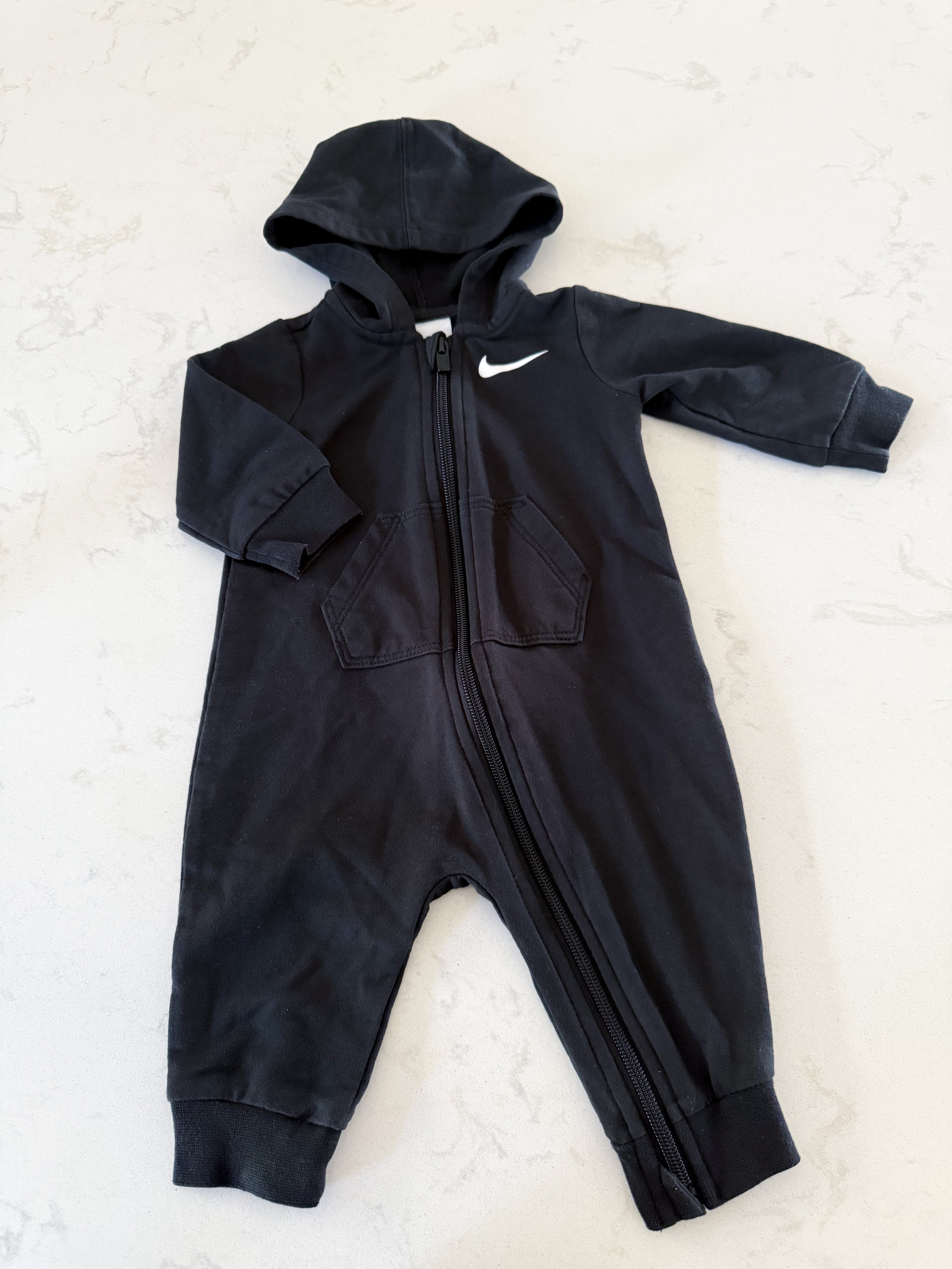 Nike- 6m- VGUC- black hooded romper