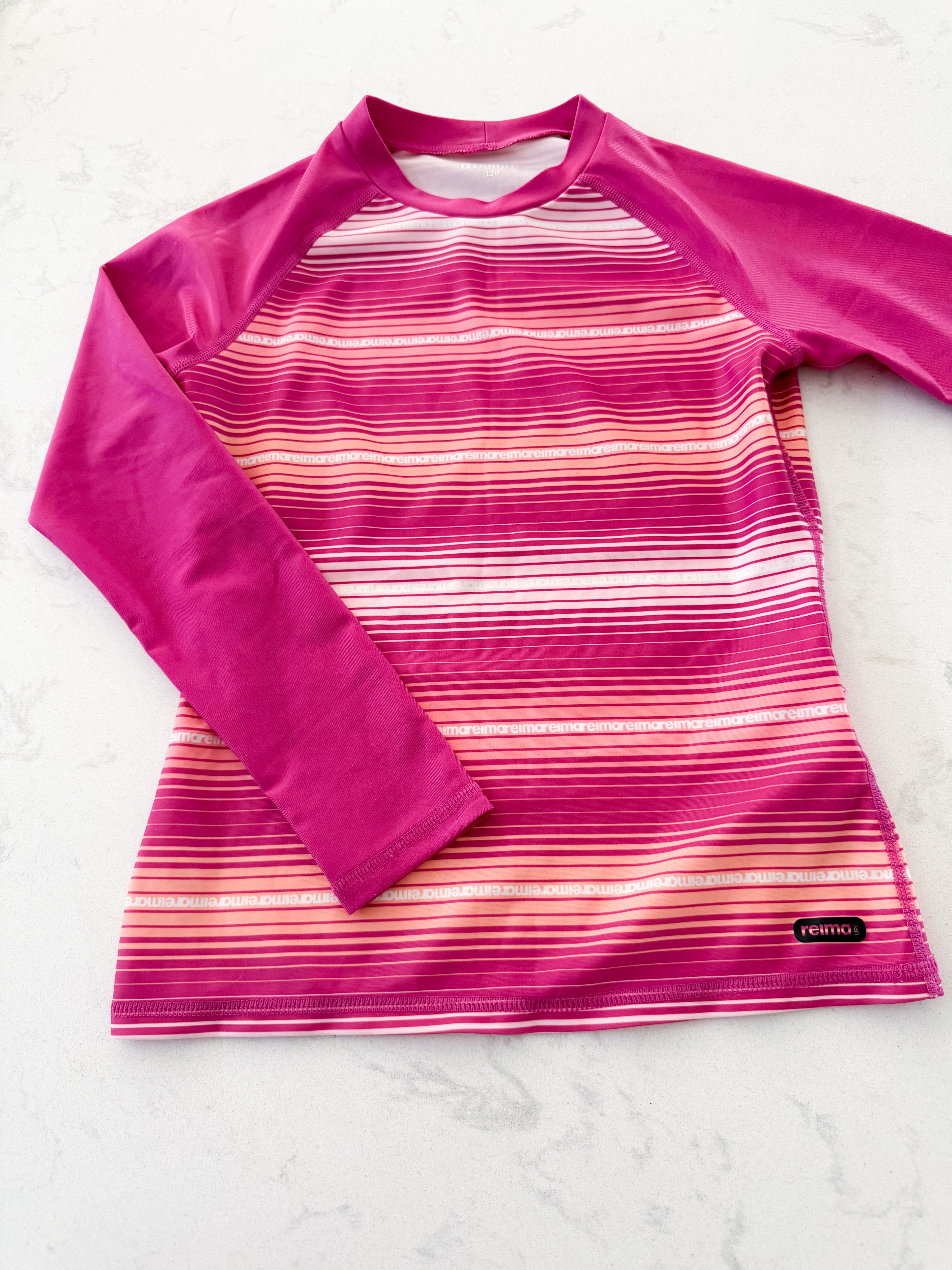 Reima- 7-8Y- VGUC- pink striped rashguard