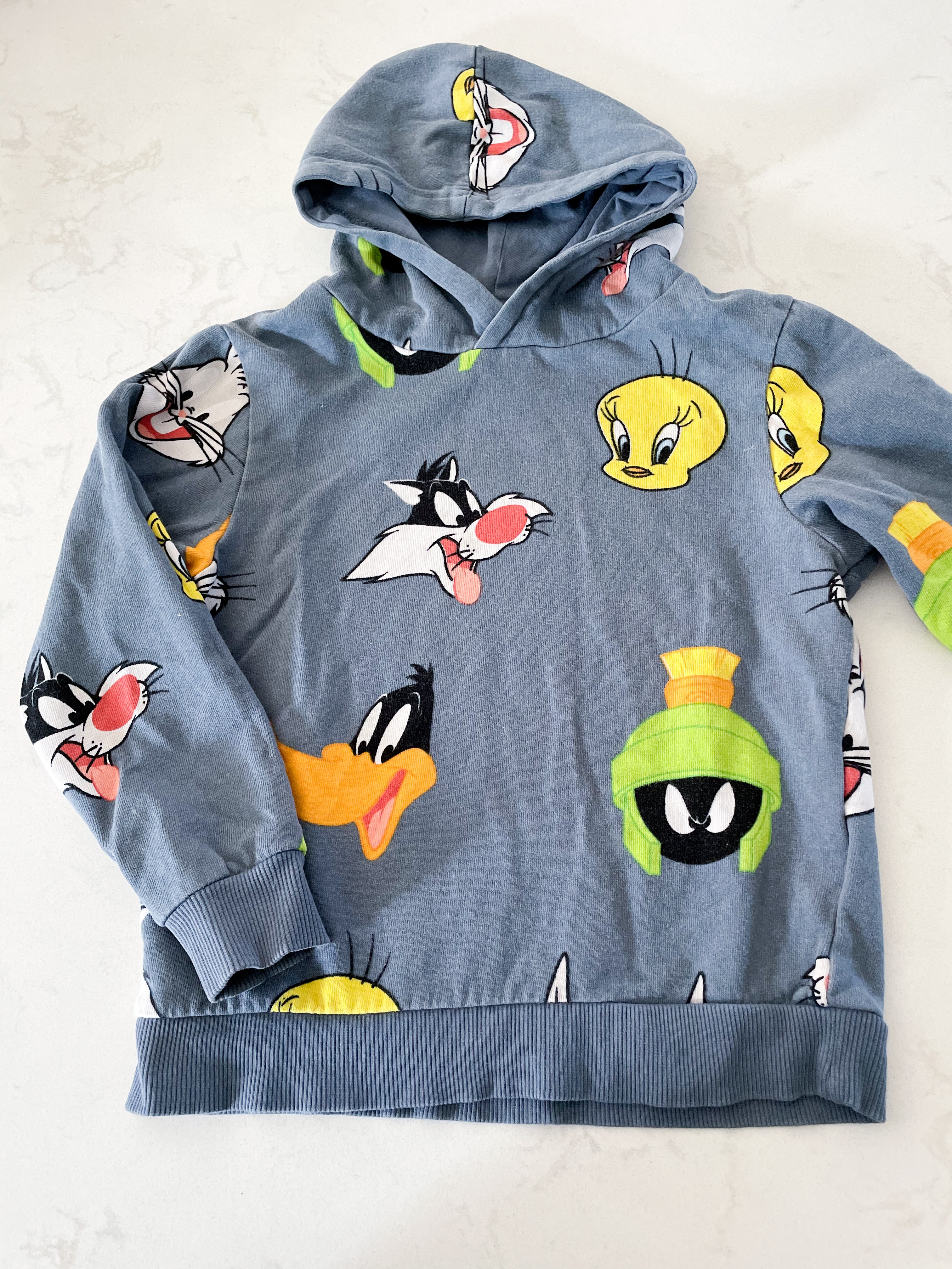 H&M- 6X/7-GUC- slate blue hoodie with Looney Tunes characters