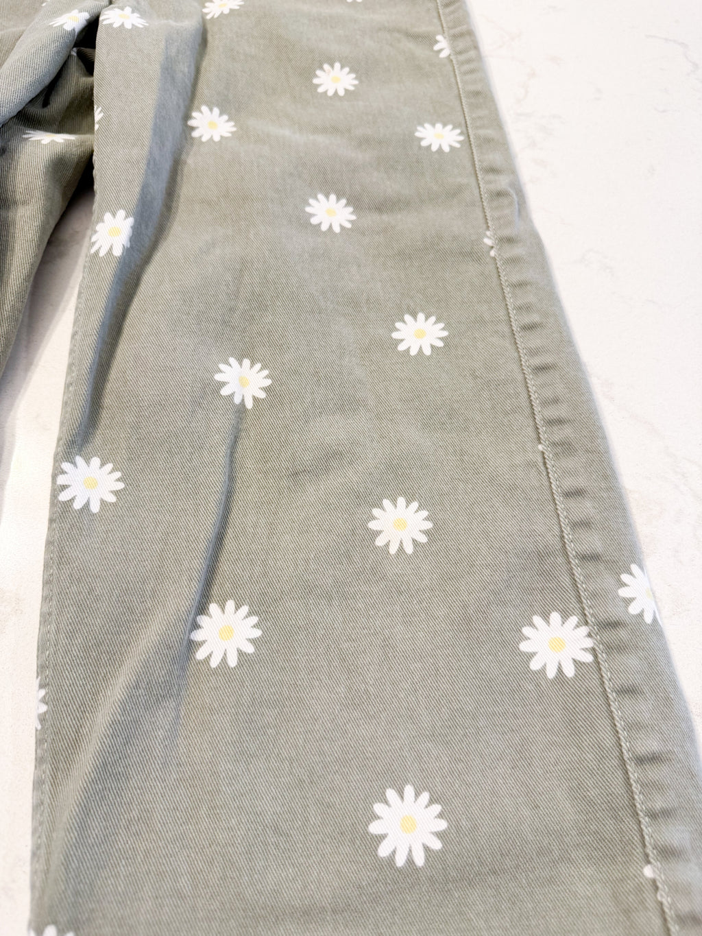 George- 14Y- PLAY- sage green jeans with adjustable waist and daisies