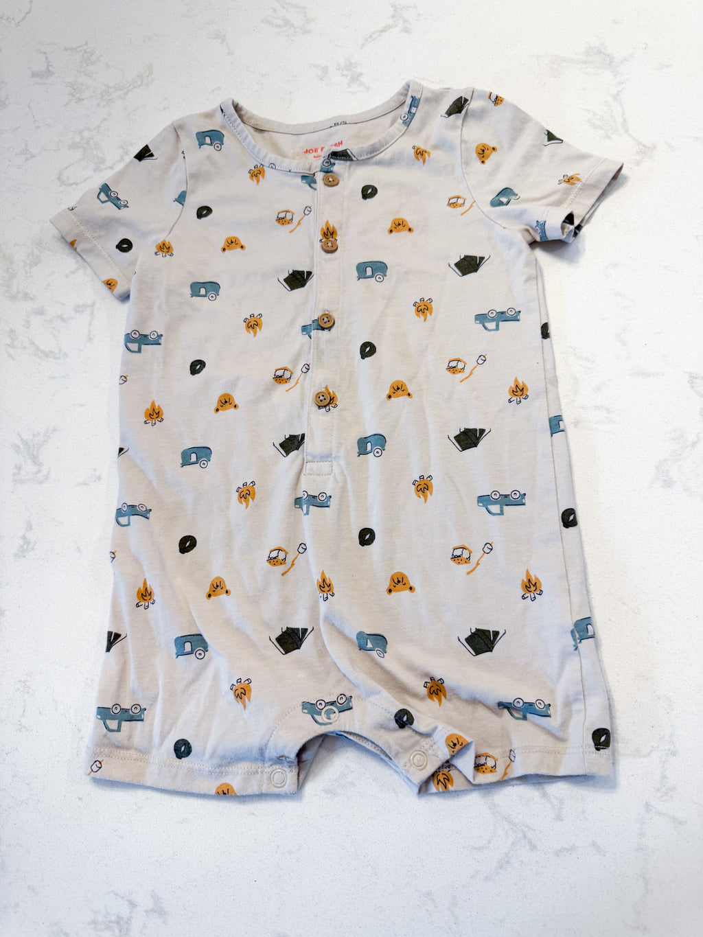 Joe Fresh- 18-24m- GUC- cream coloured short romper with camping pattern all over