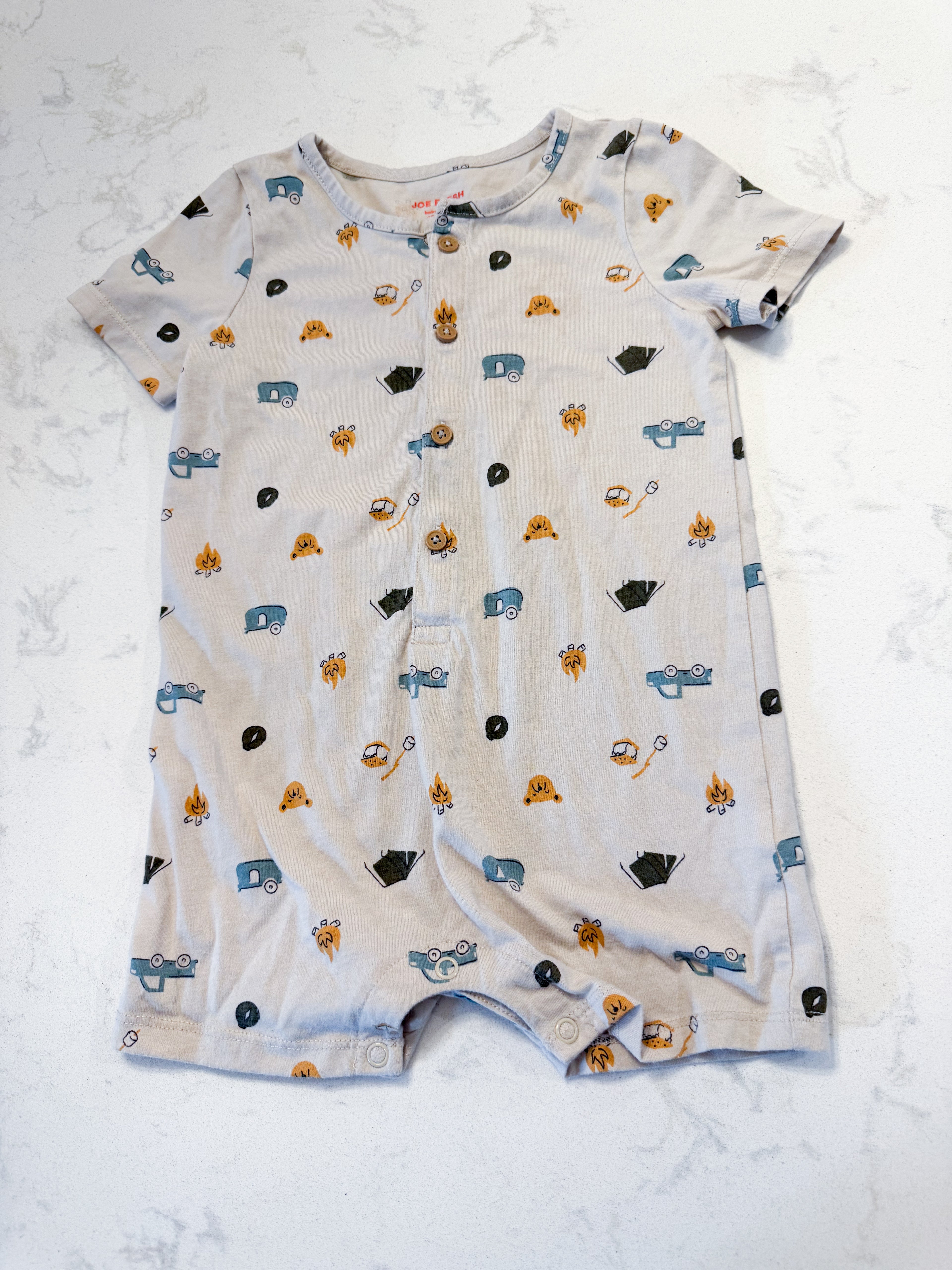 Joe Fresh- 18-24m- GUC- cream coloured short romper with camping pattern all over