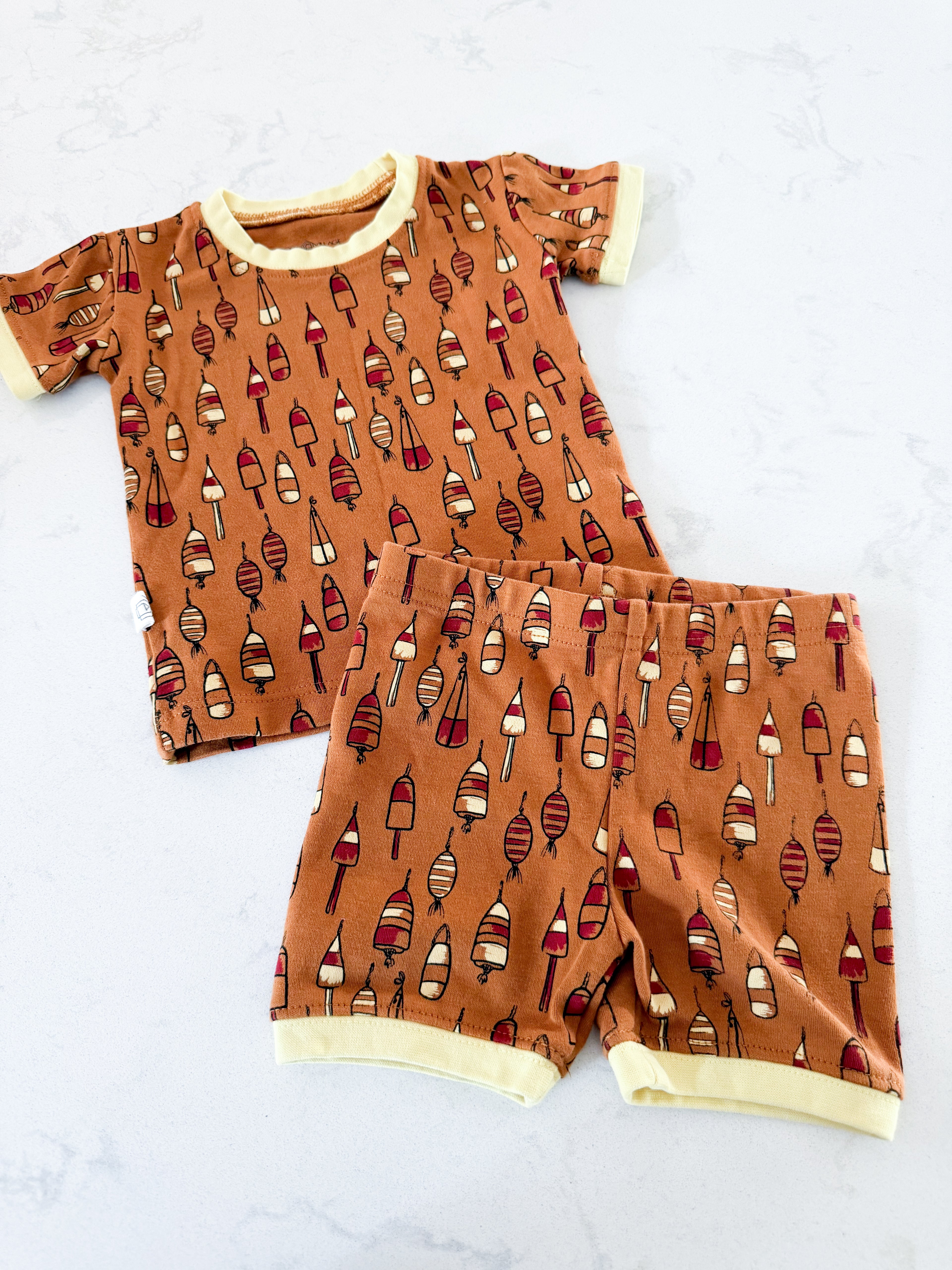 Coco Village- fits 12-18m- VGUC- brown two piece shorts jammies with buoy pattern