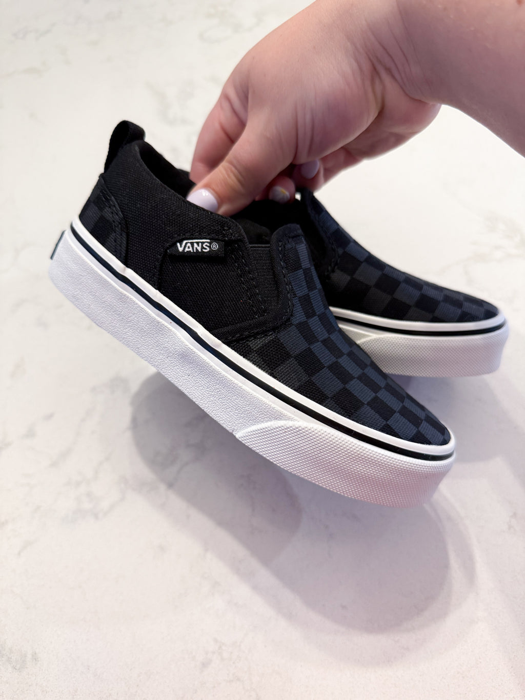 Vans- 11C- BNWT- black and grey checkered slip on shoes