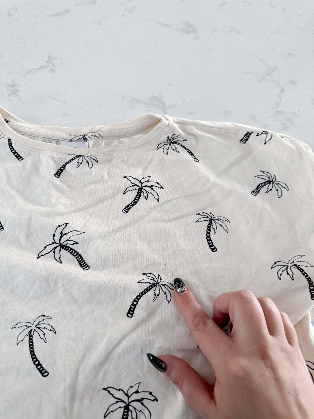 Zara- 11-12Y- PLAY- light beige crop shirt with black palm trees