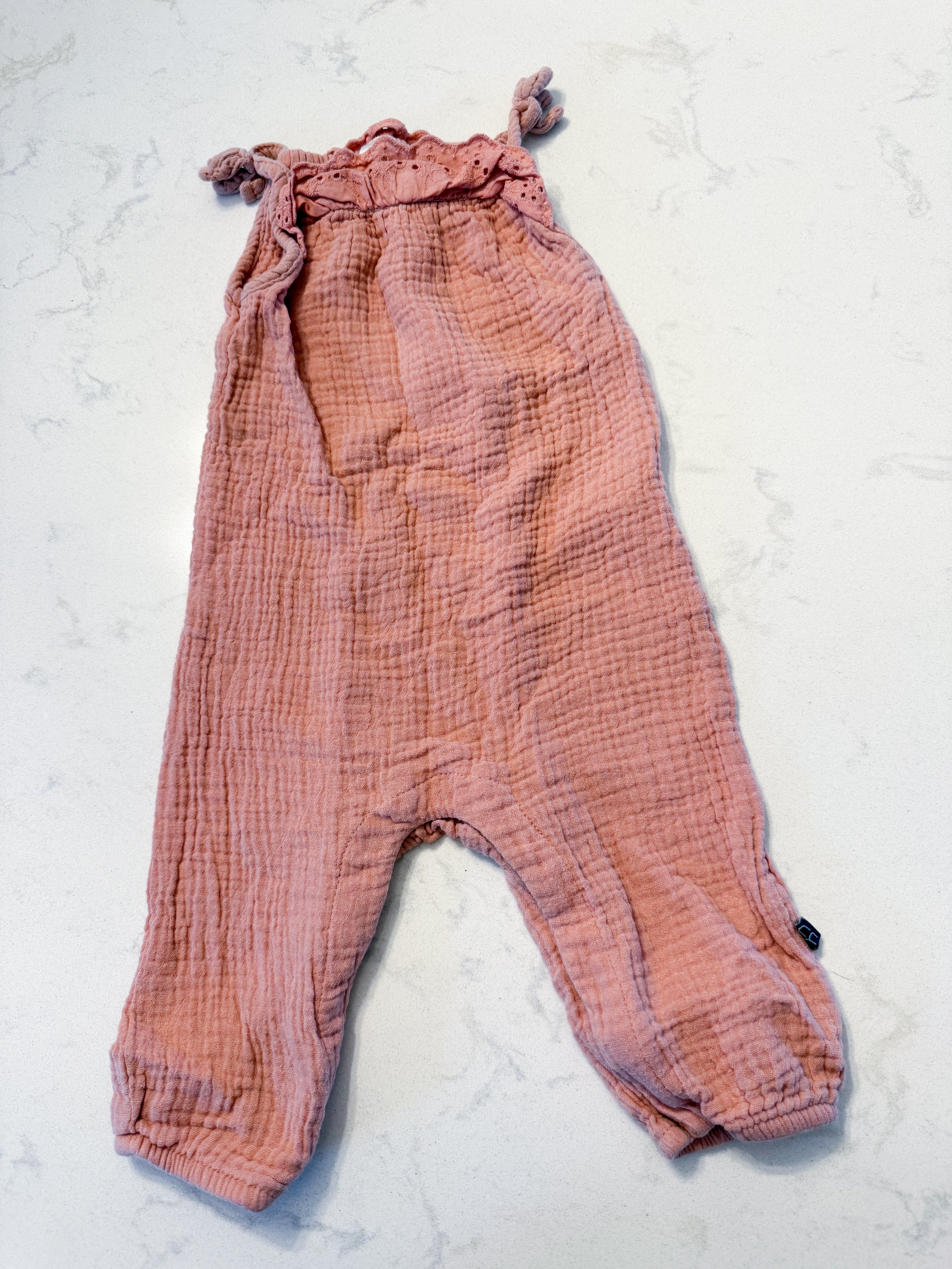 Modern Moments- 3-6m- GUC- rose pink muslin tank romper