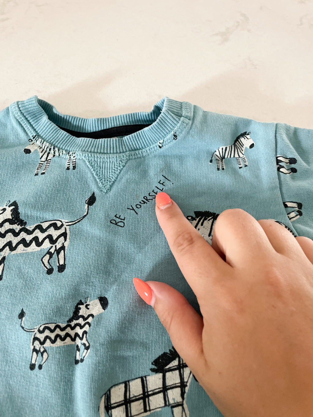 H&M-6-9m-PLAY- blue crewneck with zebras
