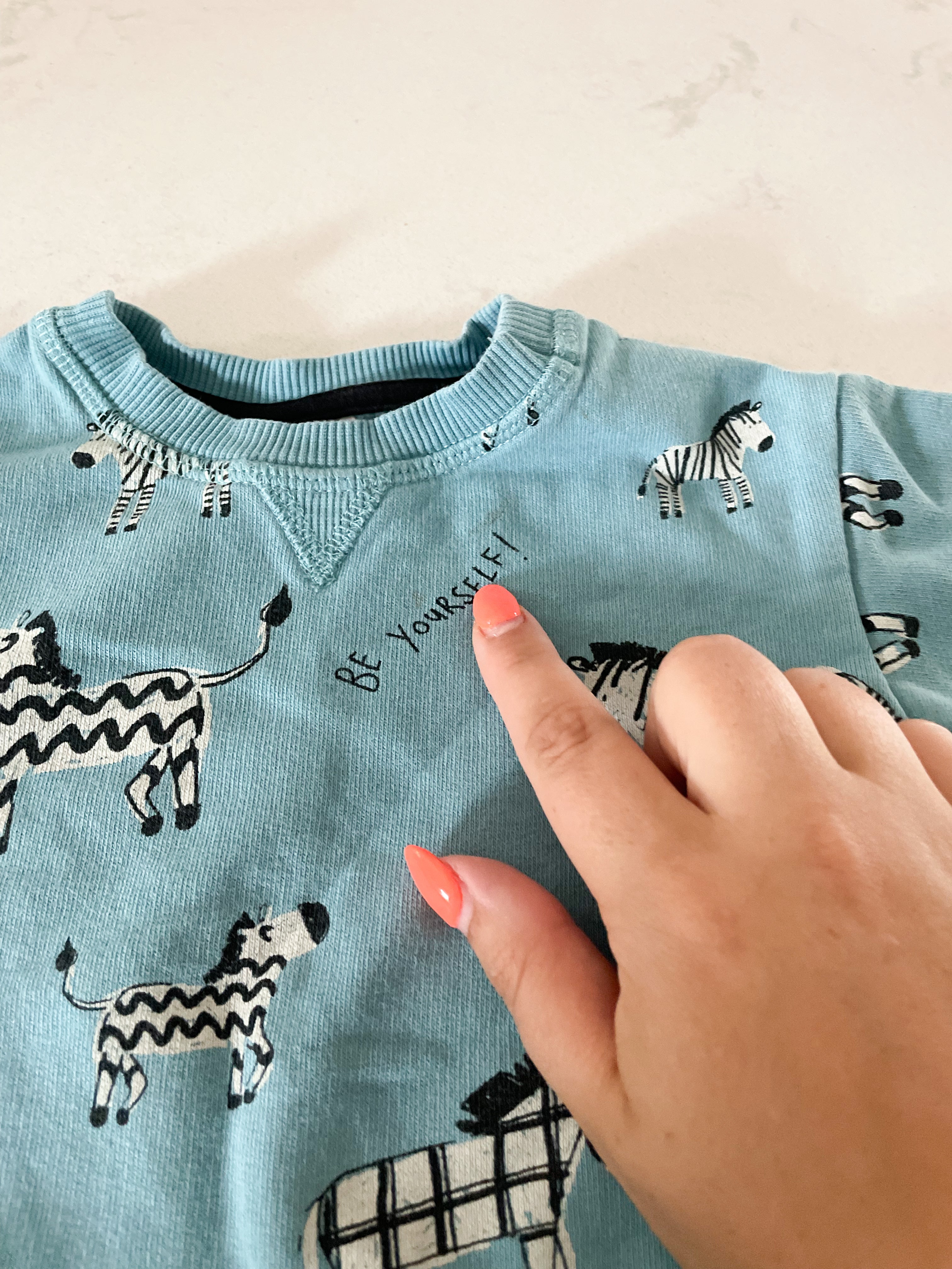 H&M-6-9m-PLAY- blue crewneck with zebras