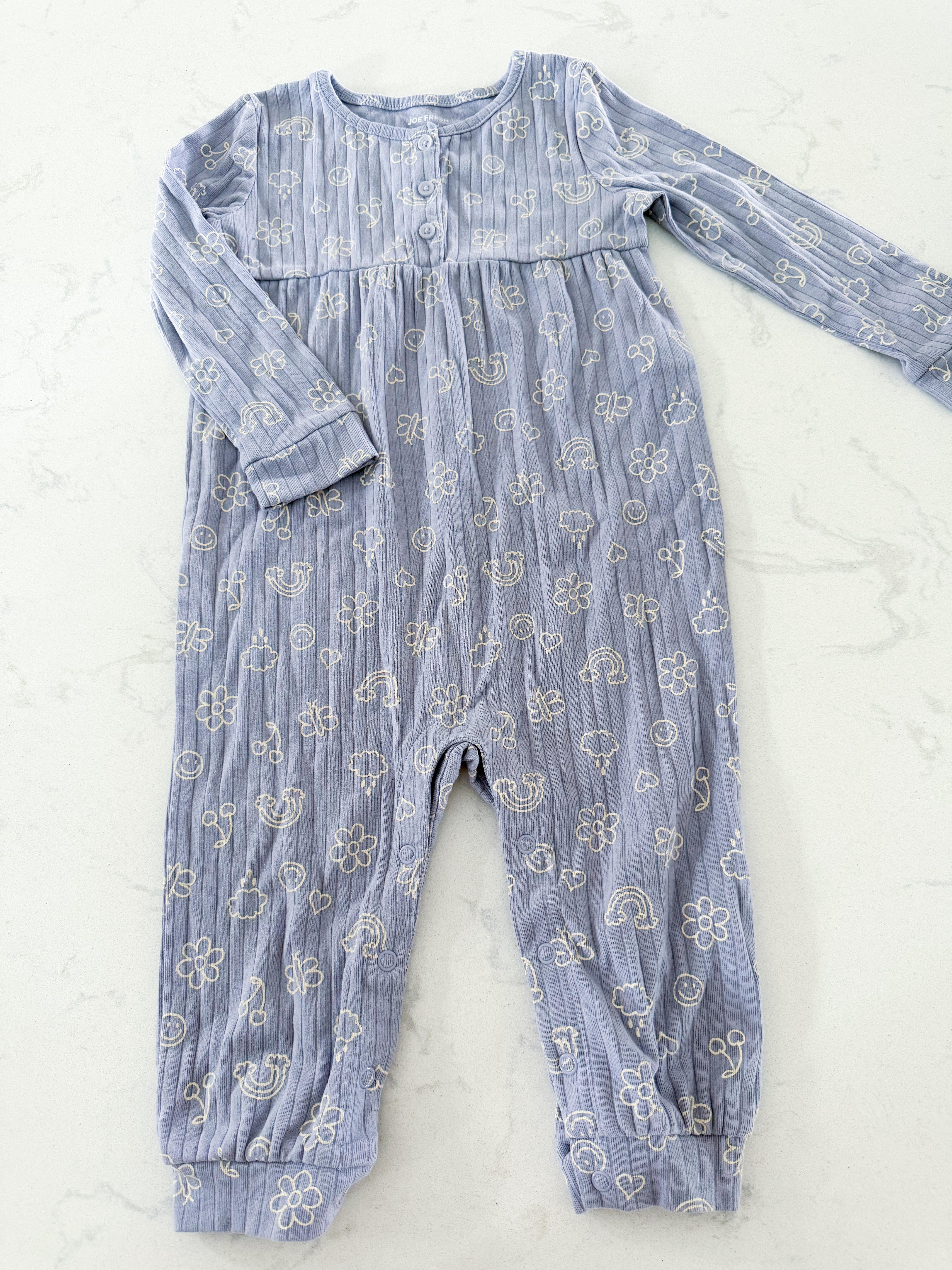 Joe Fresh-18-24m- VGUC- light purple ribbed long sleeve romper with spring graphics