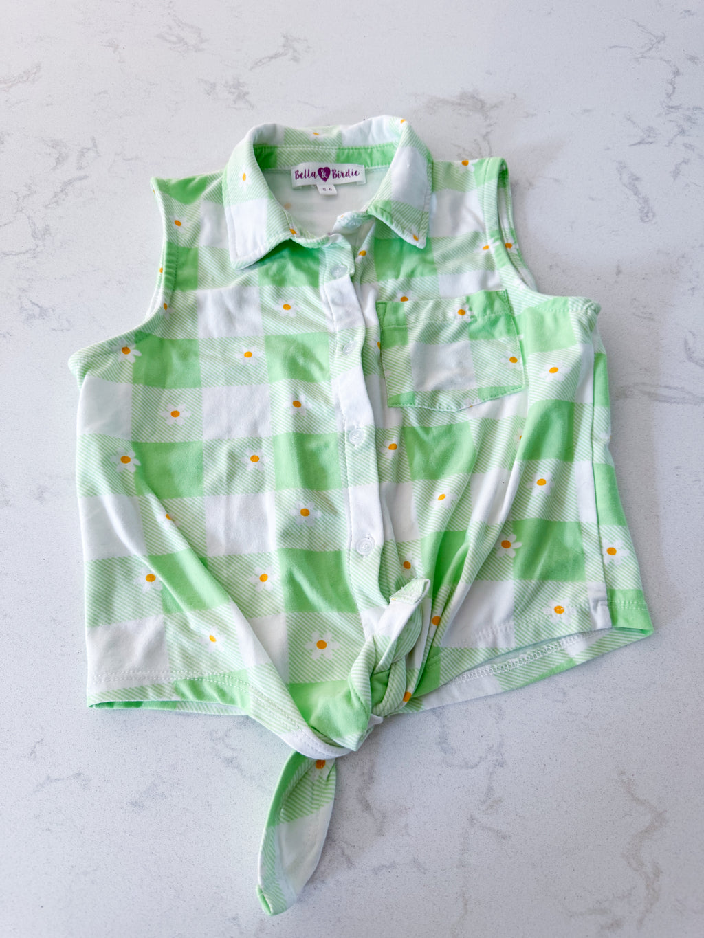 Bella and Birdie- 5-6Y- PLAY- green and white checkered tie up tank with collar