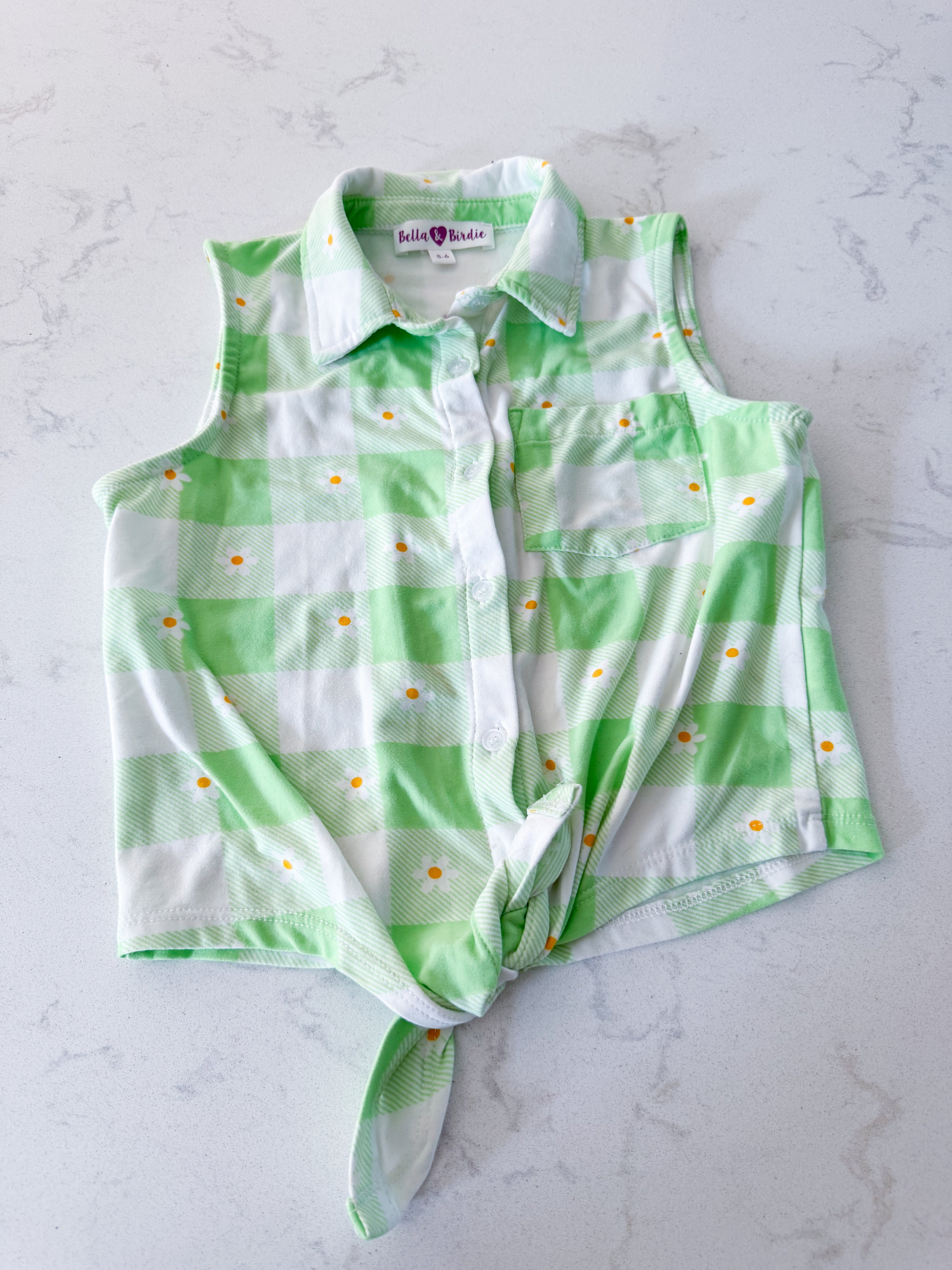 Bella and Birdie- 5-6Y- PLAY- green and white checkered tie up tank with collar