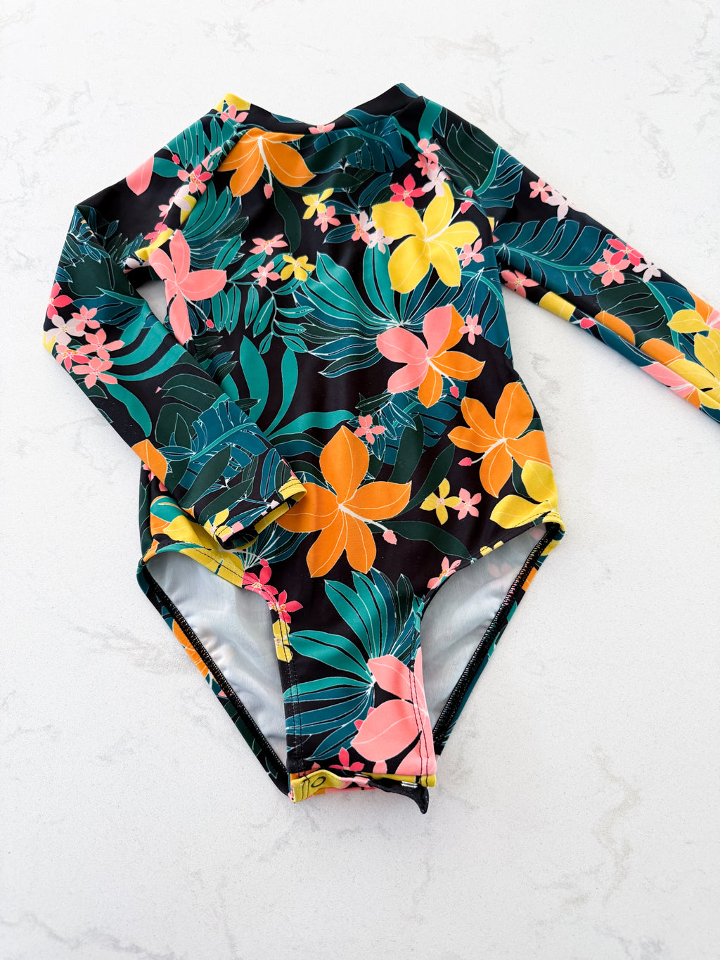 Old Navy- 2T- GUC- black with tropical floral pattern long sleeve swimsuit