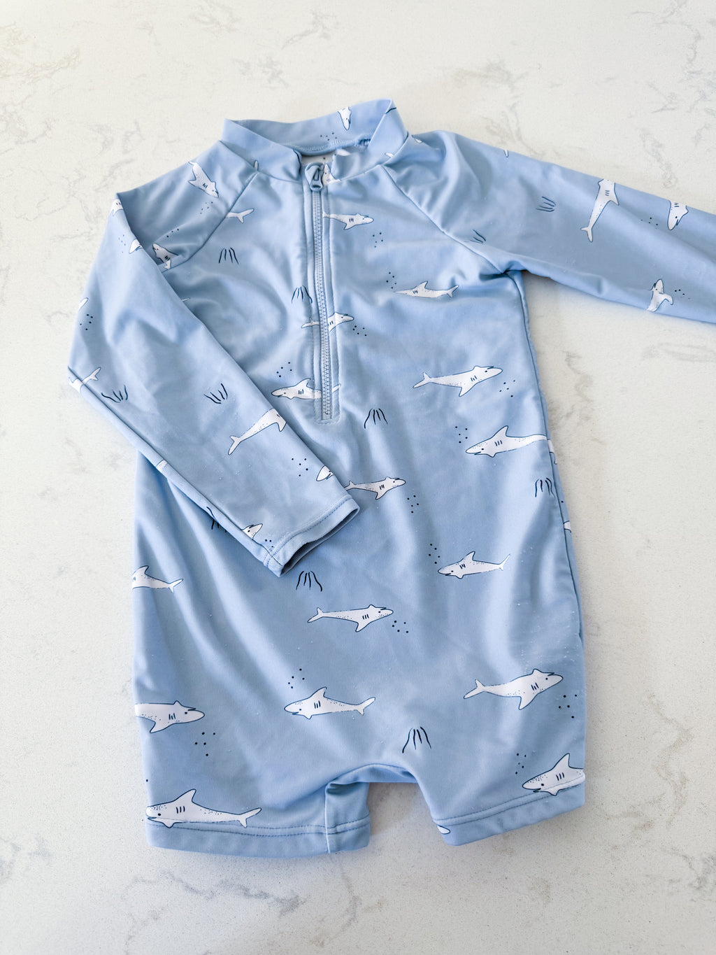 Rise Little Earthling- 18-24m- PLAY- light blue long sleeve swim suit with white sharks